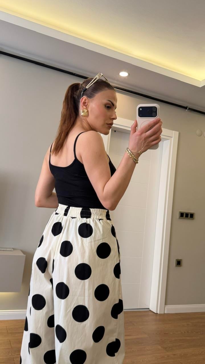 Bel Lastkli Poplin Siyah  Puantiyeli Pantolon 
