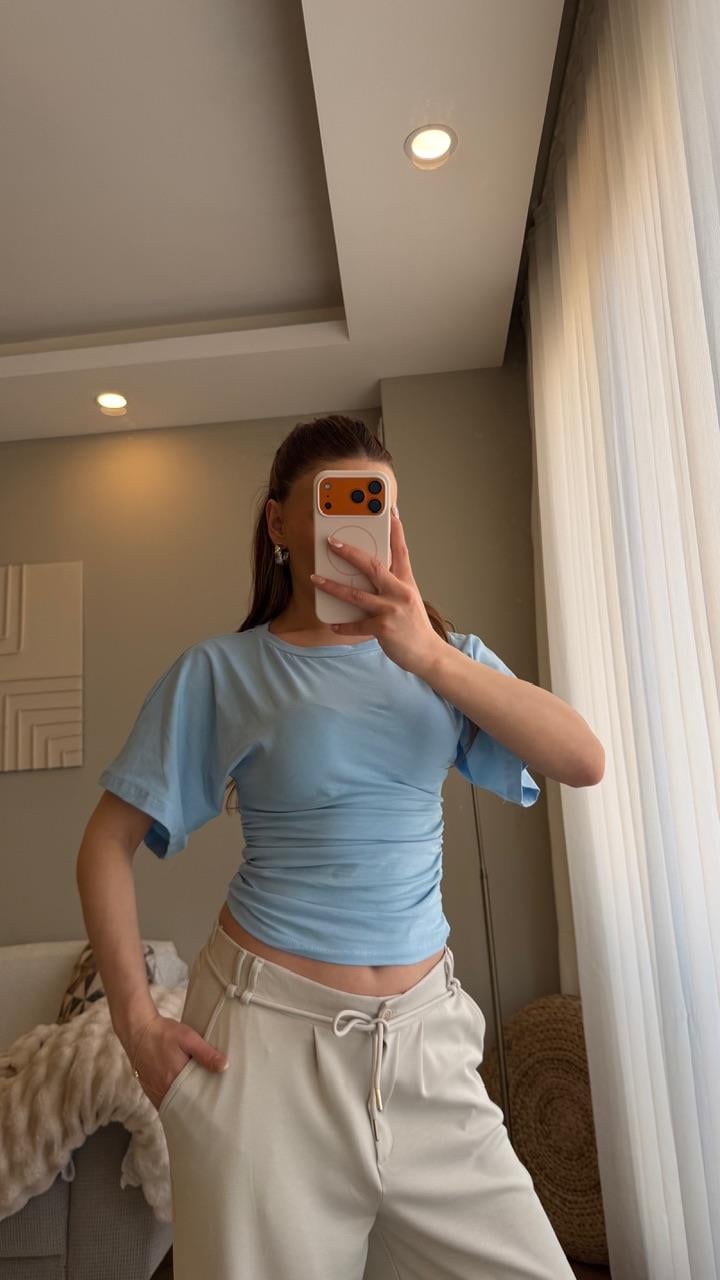 Bel Oturtmalı Bluz Mavi