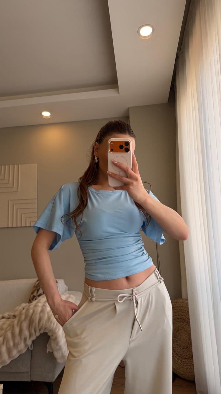 Bel Oturtmalı Bluz Mavi