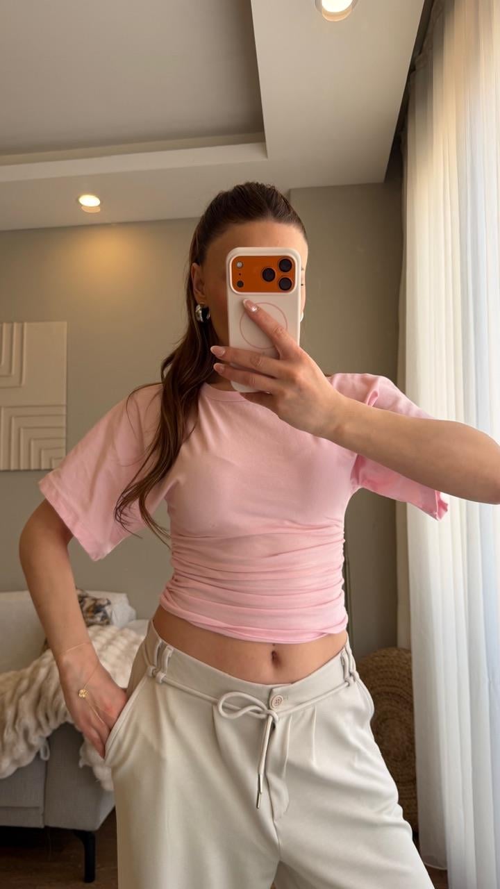 Bel Oturtmalı Bluz Pembe