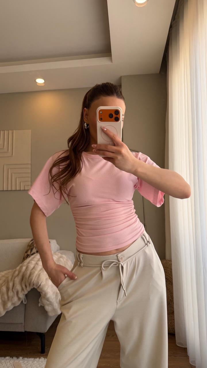 Bel Oturtmalı Bluz Pembe