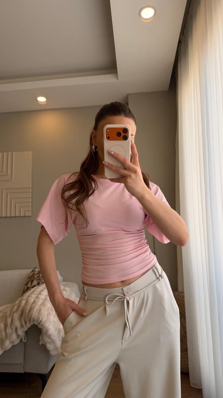 Bel Oturtmalı Bluz Pembe