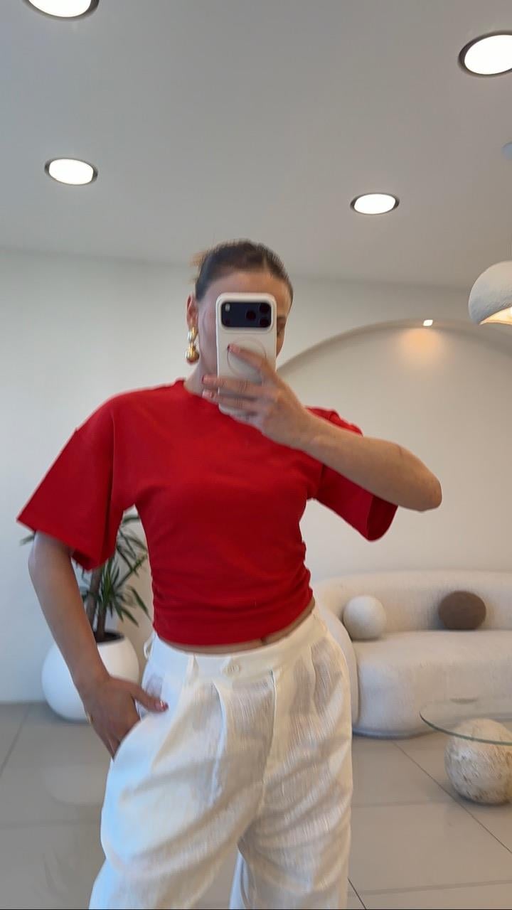 BEL OTURTMALI KISA KOL TSHIRT KIRMIZI