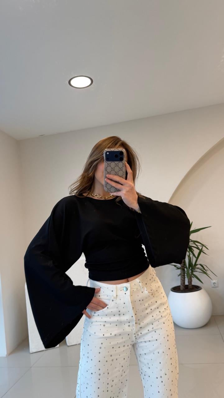 BEL OTURTMALI SİYAH MODAL BLUZ