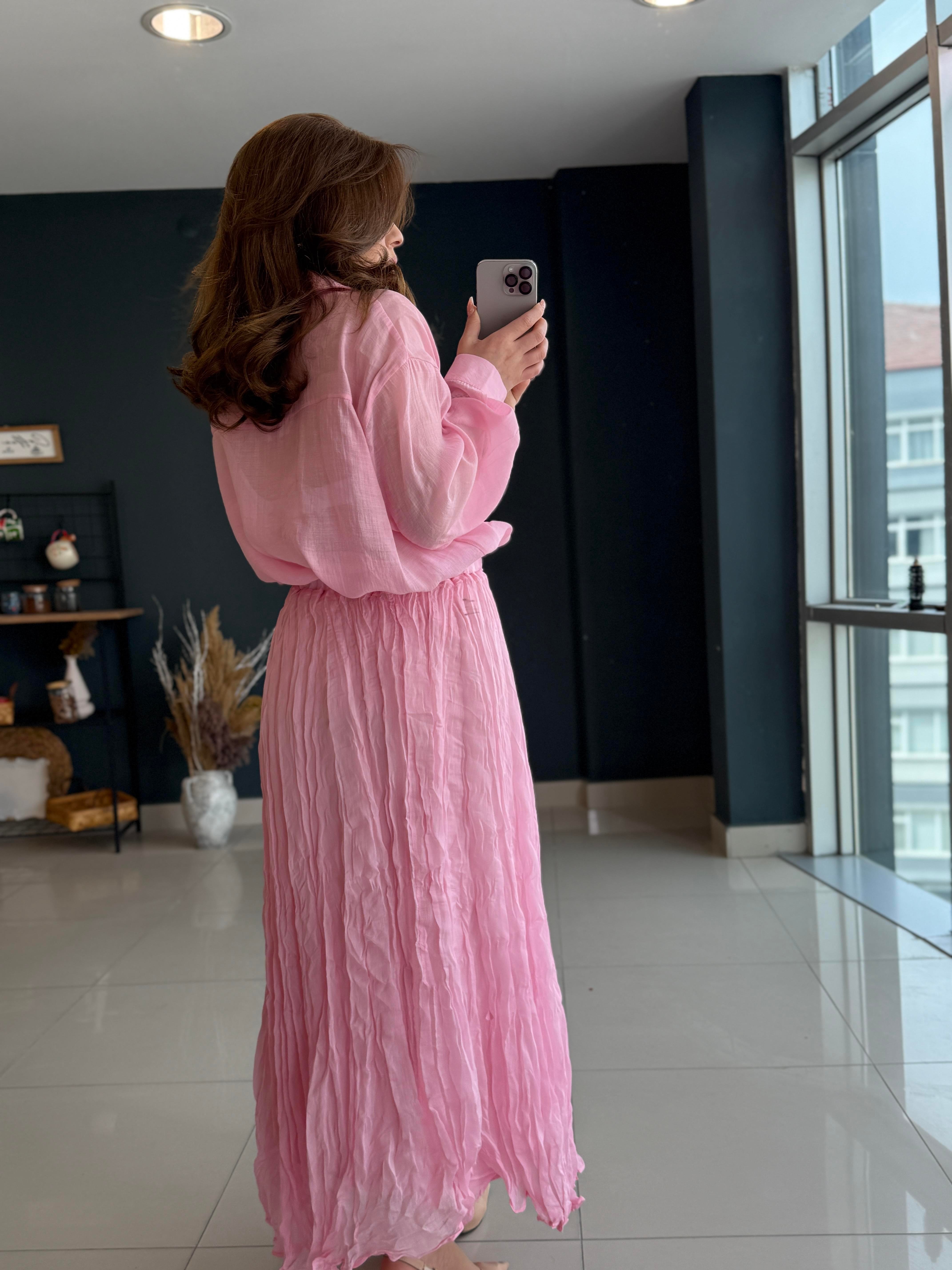 BELİ LASTİKLİ ETEK PEMBE