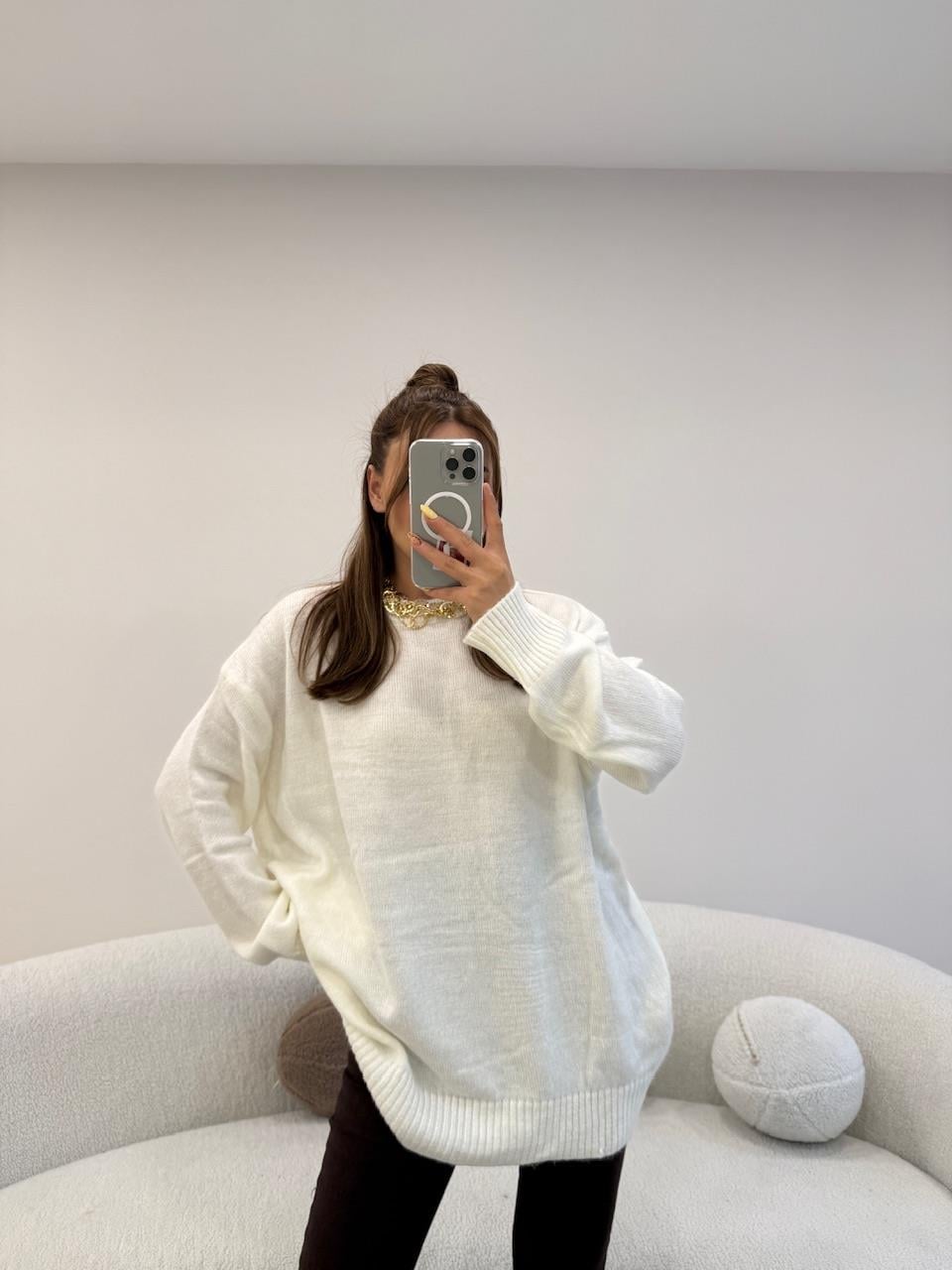 BİSİKLET YAKA BASİC KAZAK EKRU