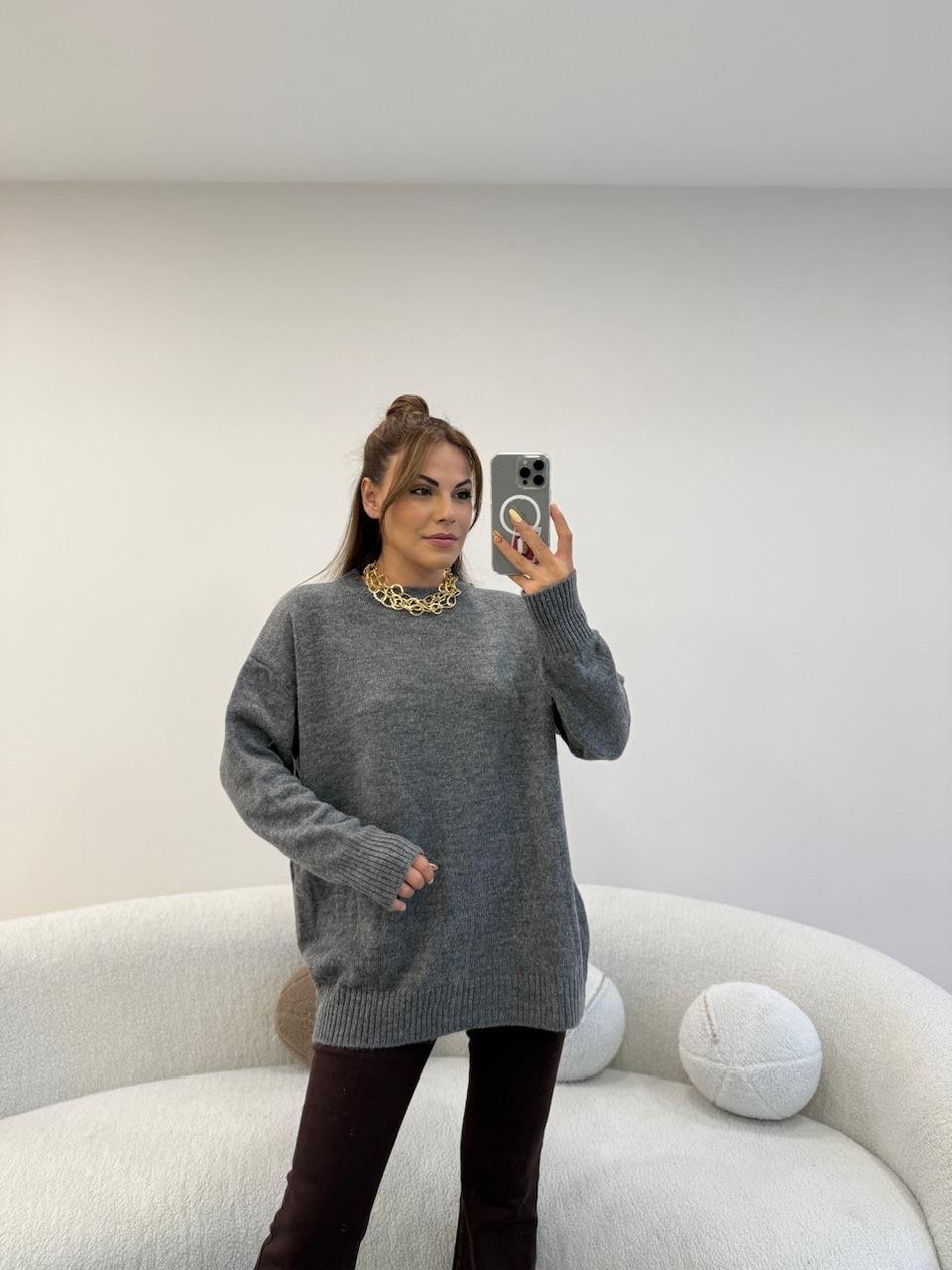 BİSİKLET YAKA BASİC KAZAK GRİ