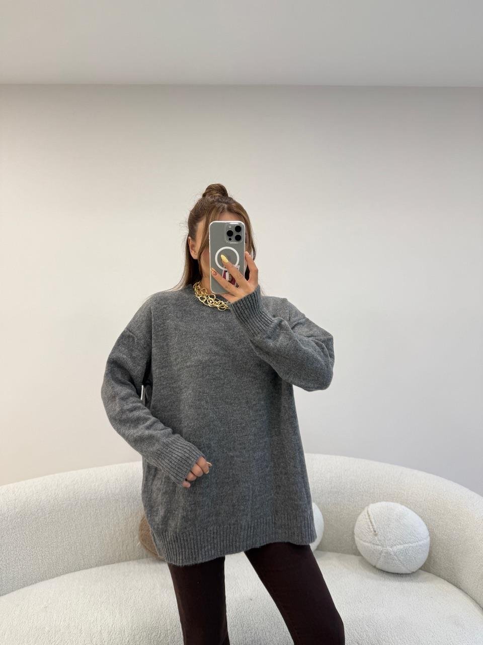 BİSİKLET YAKA BASİC KAZAK GRİ