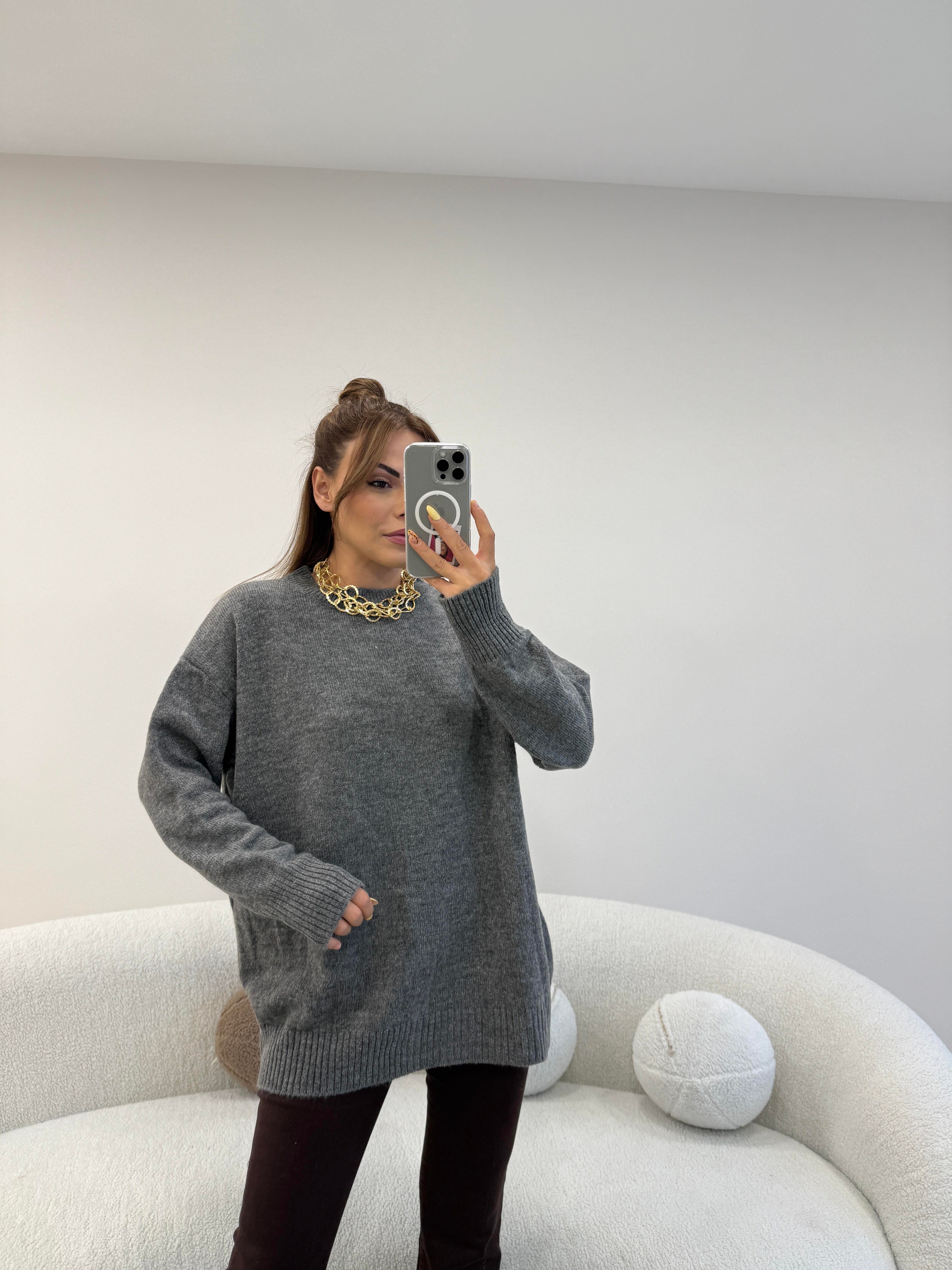 BİSİKLET YAKA BASİC KAZAK GRİ