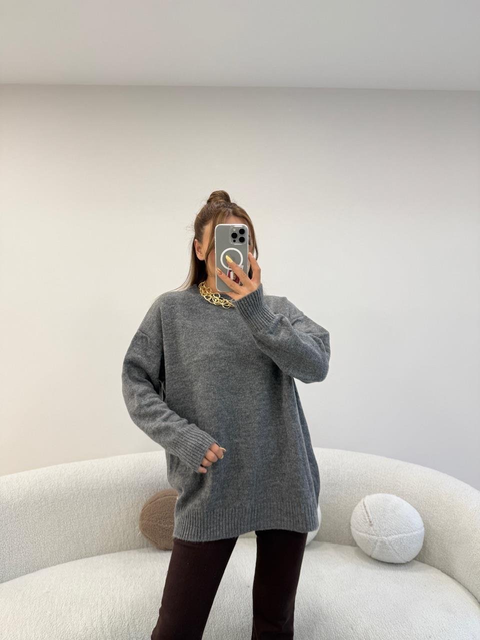 BİSİKLET YAKA BASİC KAZAK GRİ