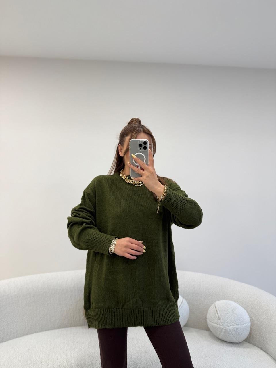 BİSİKLET YAKA BASİC KAZAK HAKİ YEŞİL