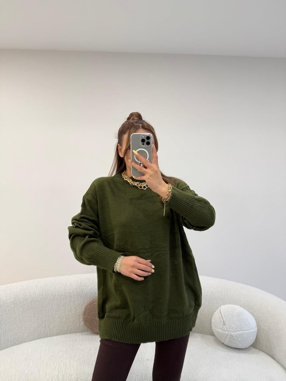 BİSİKLET YAKA BASİC KAZAK HAKİ YEŞİL