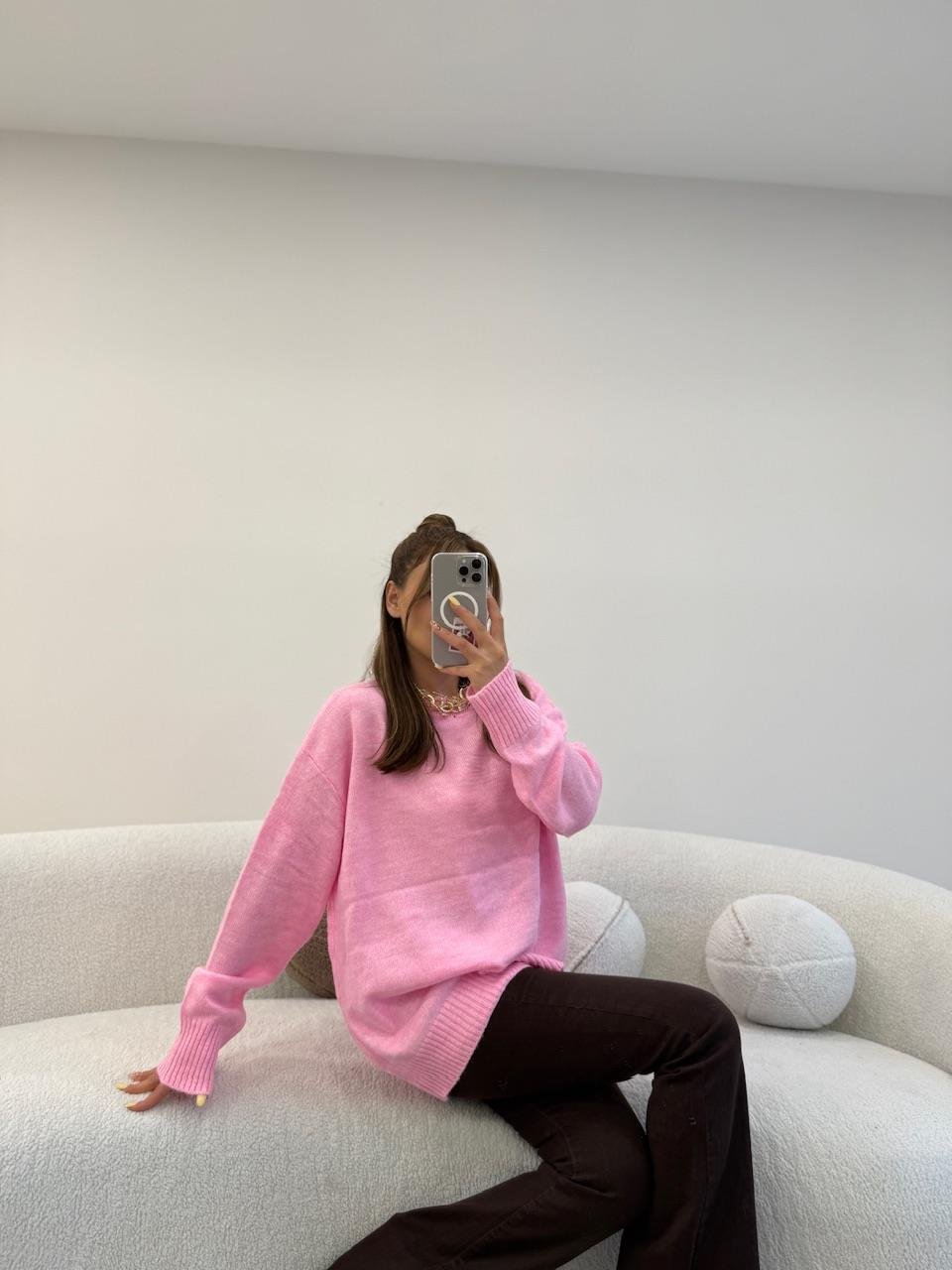 BİSİKLET YAKA BASİC KAZAK PEMBE