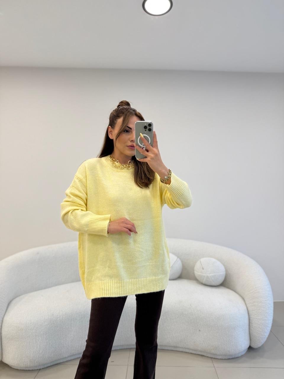 BİSİKLET YAKA BASİC KAZAK SARI