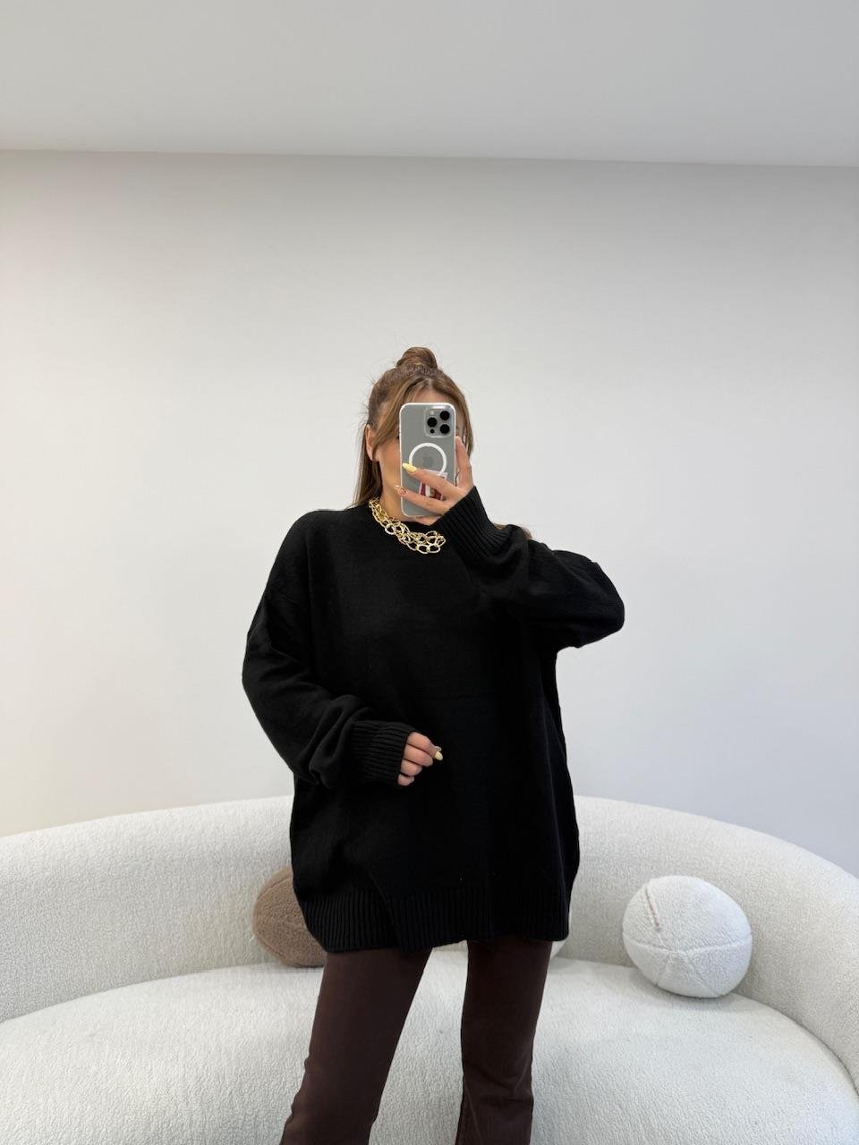 BİSİKLET YAKA BASİC KAZAK SİYAH