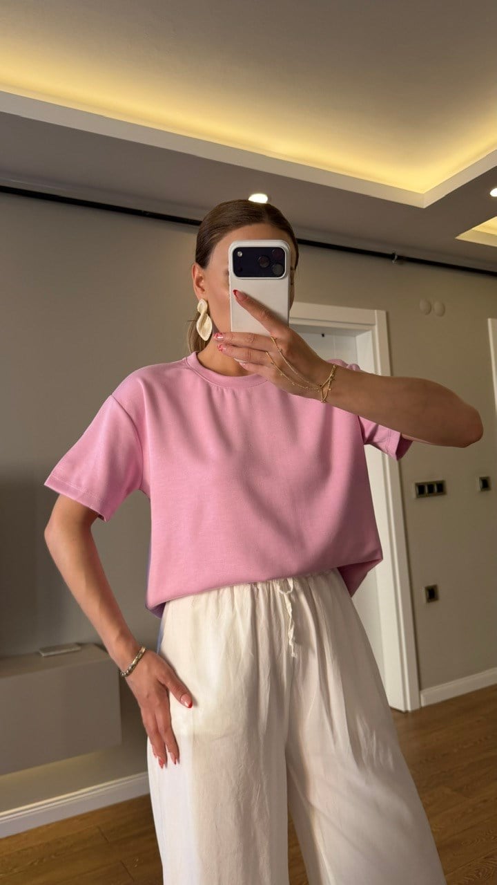 BİSİKLET YAKA BASİC TSHIRT PEMBE