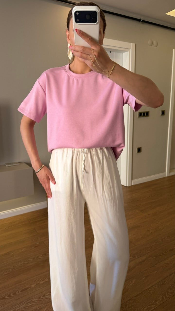 BİSİKLET YAKA BASİC TSHIRT PEMBE