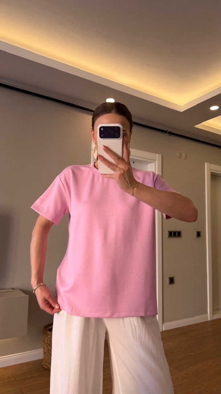 BİSİKLET YAKA BASİC TSHIRT PEMBE