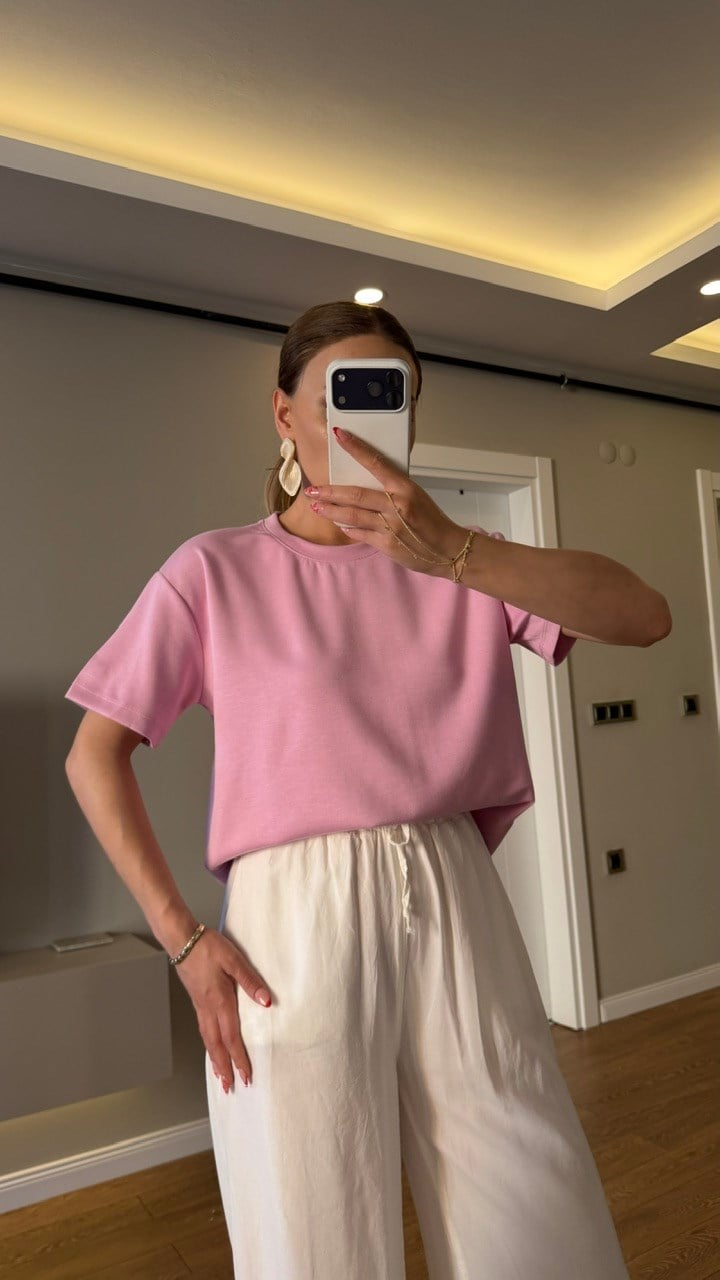 BİSİKLET YAKA BASİC TSHIRT PEMBE