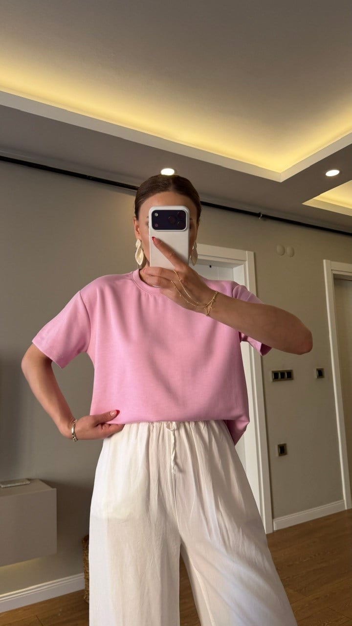 BİSİKLET YAKA BASİC TSHIRT PEMBE