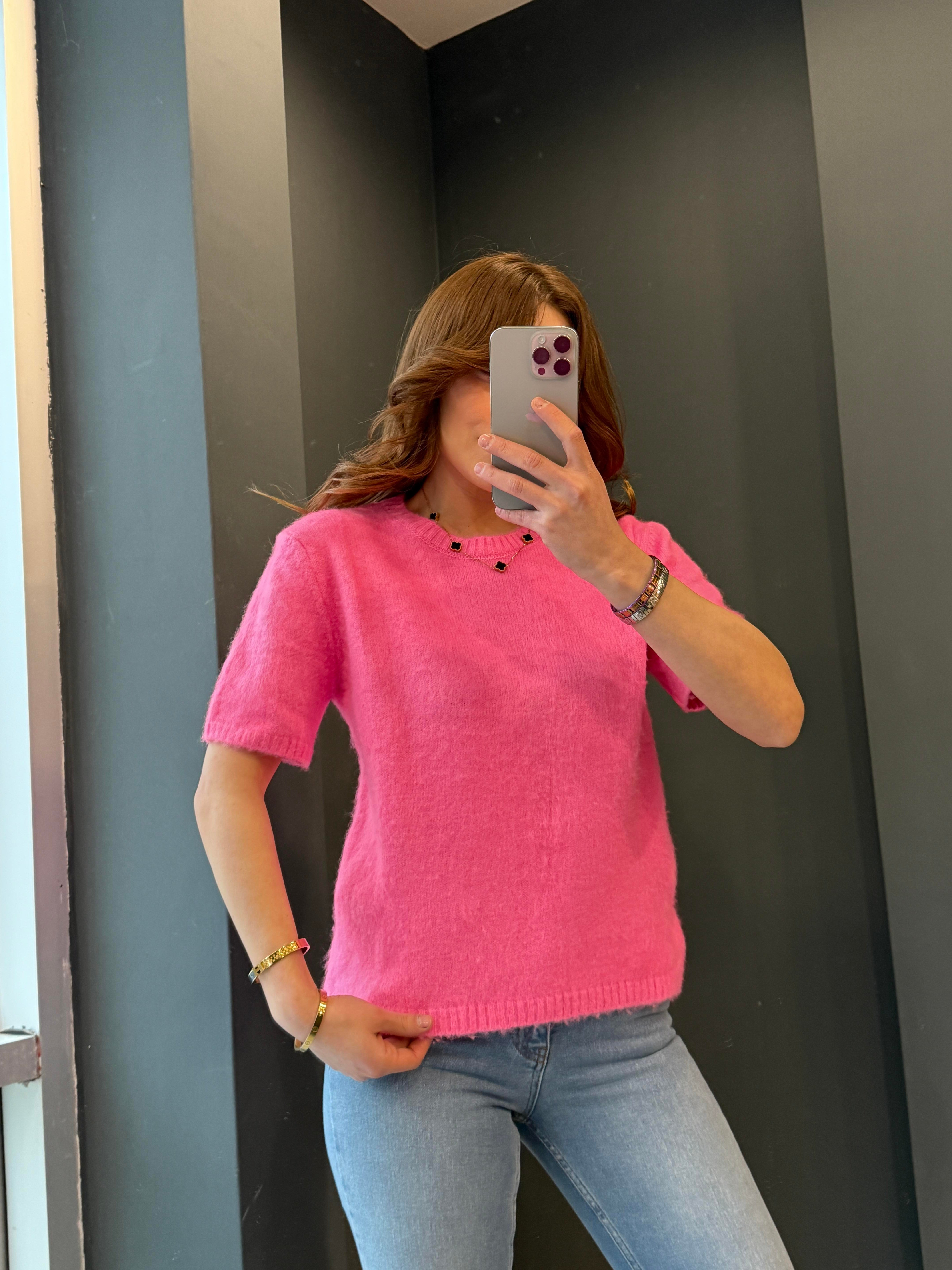 BİSİKLET YAKA SAKALLI KISA KOL  TRİKO PEMBE