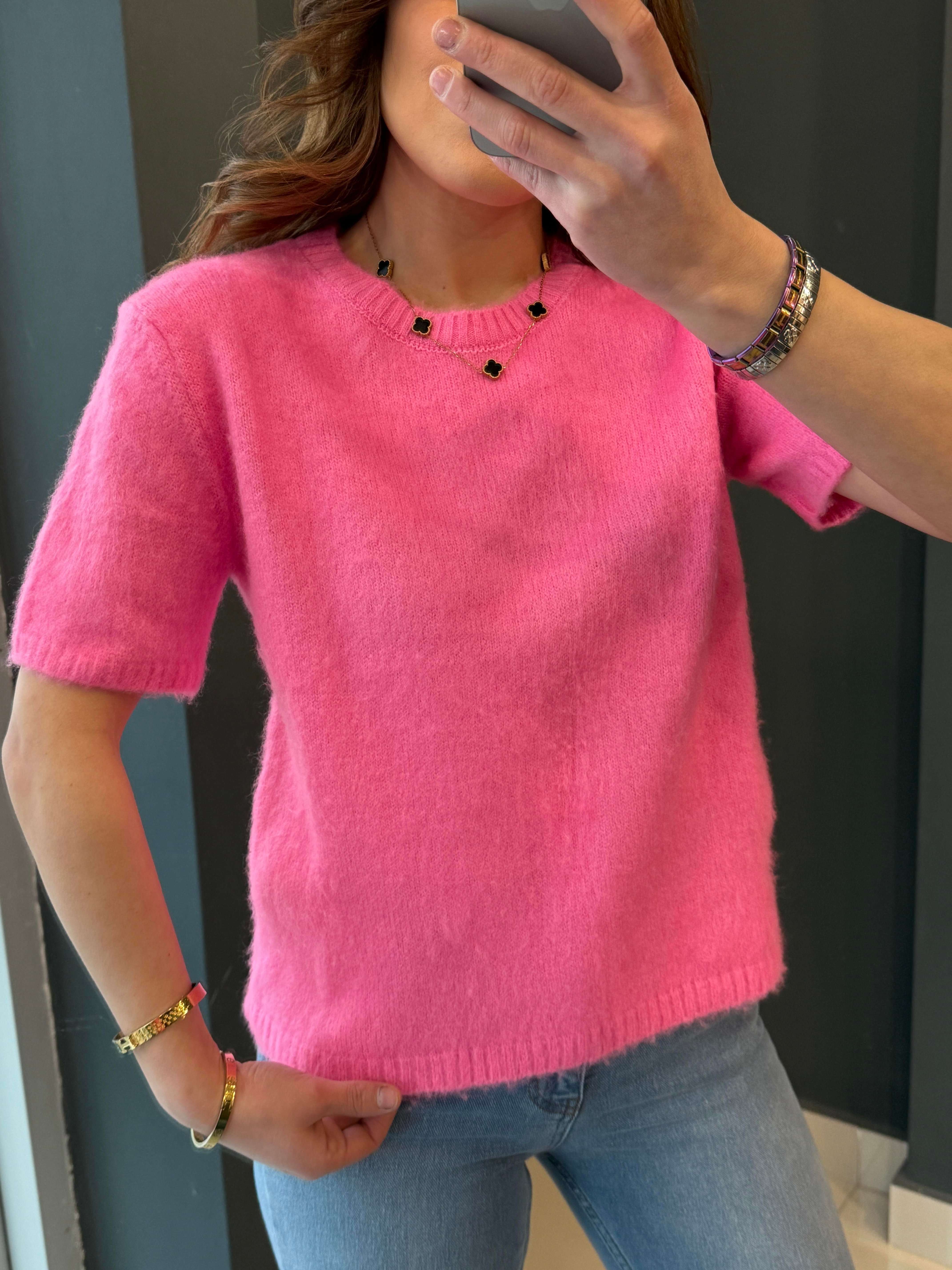 BİSİKLET YAKA SAKALLI KISA KOL  TRİKO PEMBE
