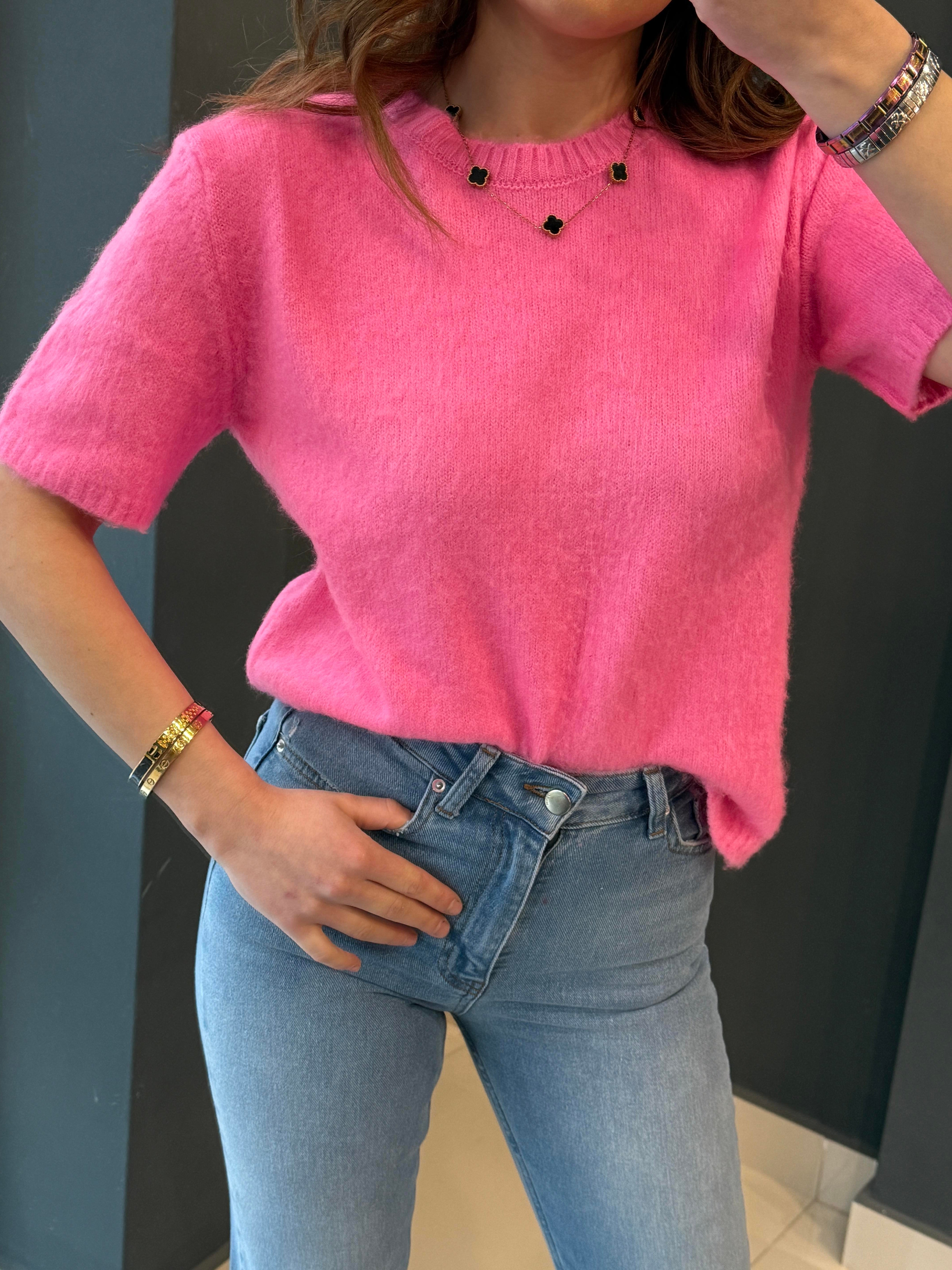 BİSİKLET YAKA SAKALLI KISA KOL  TRİKO PEMBE