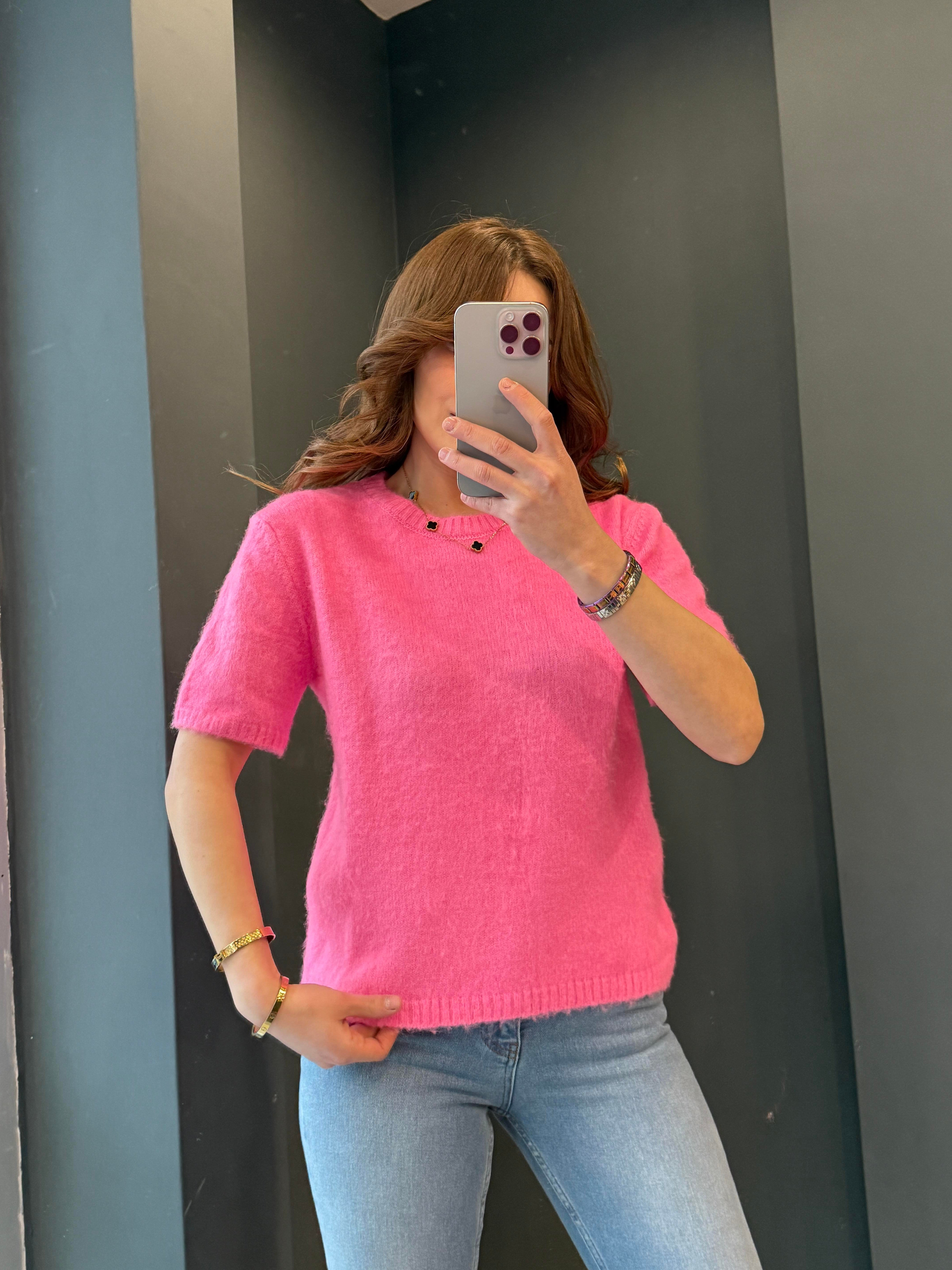 BİSİKLET YAKA SAKALLI KISA KOL  TRİKO PEMBE