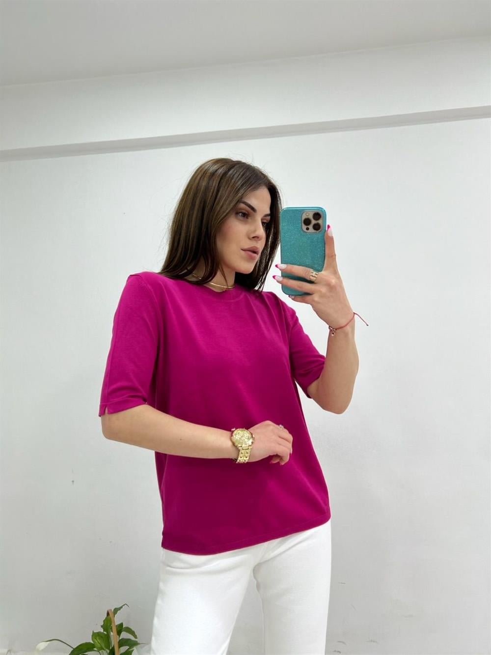 BİSİKLET YAKA TRİKO PEMBE