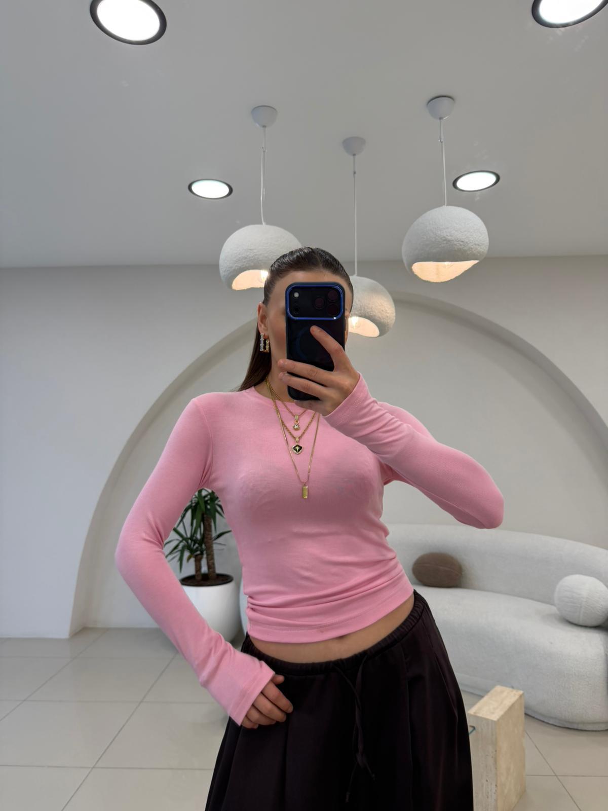 BİSİKLET YAKA UZUN KOL PARMAKLI BADY PEMBE