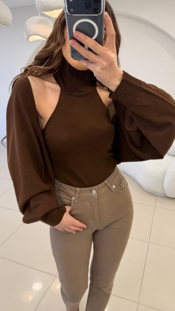 BOLERO DETAYLI TRİKO KAHVE
