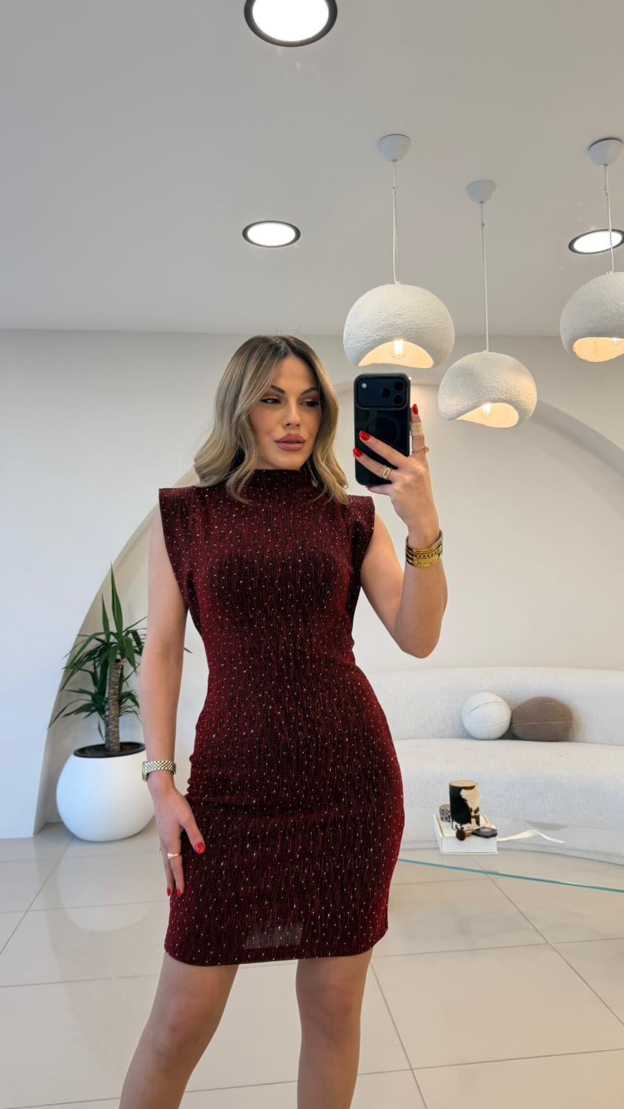 BORDO FULL TAŞLI KOLSUZ MİNİ ELBİSE