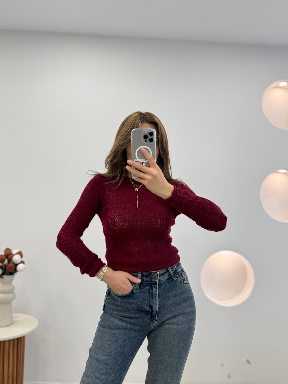 BORDO MERSERİZE PAMUK BLUZ