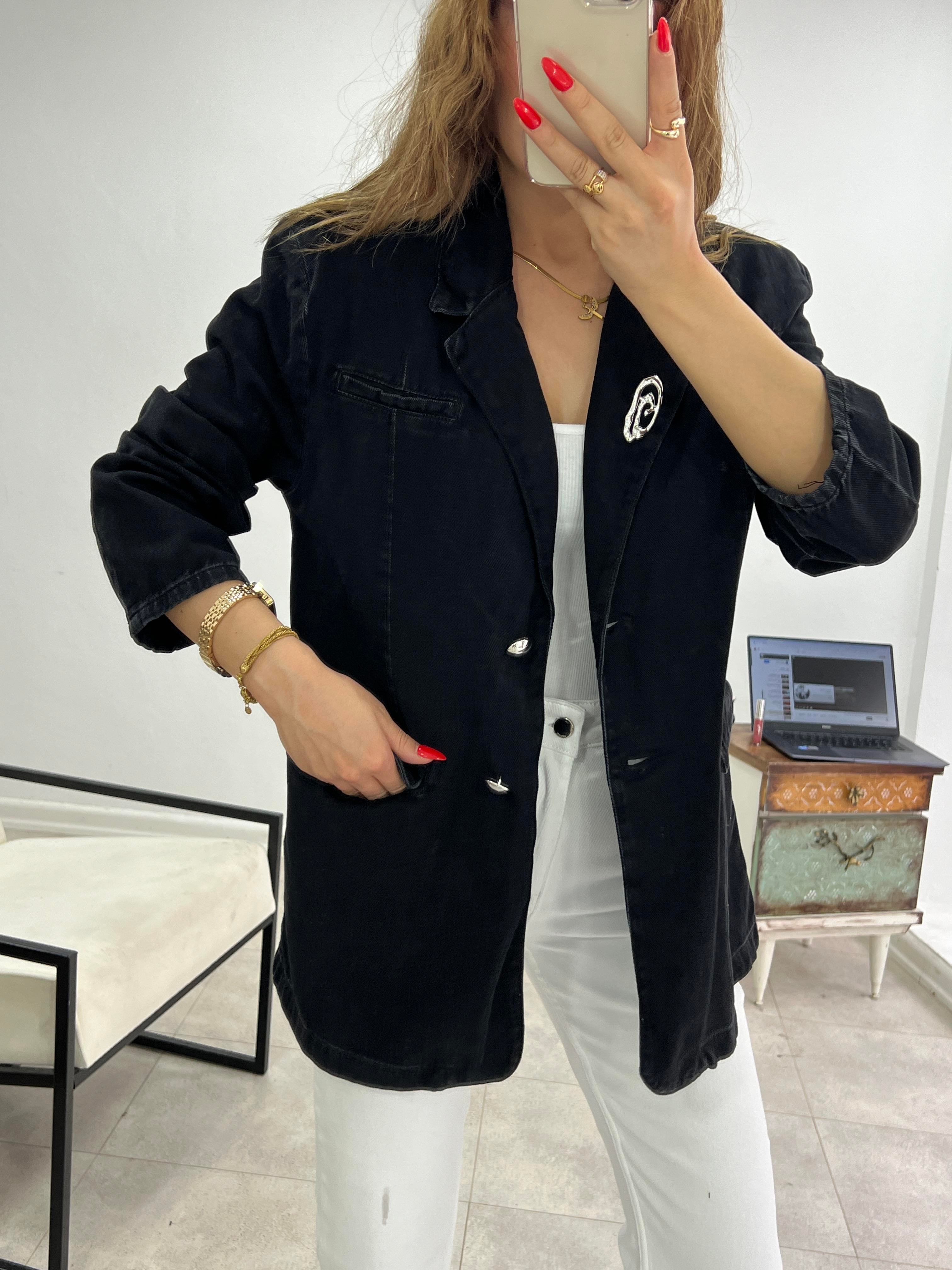 BROŞ DETAYLI BLAZER DENİM CEKET ANTRASİT