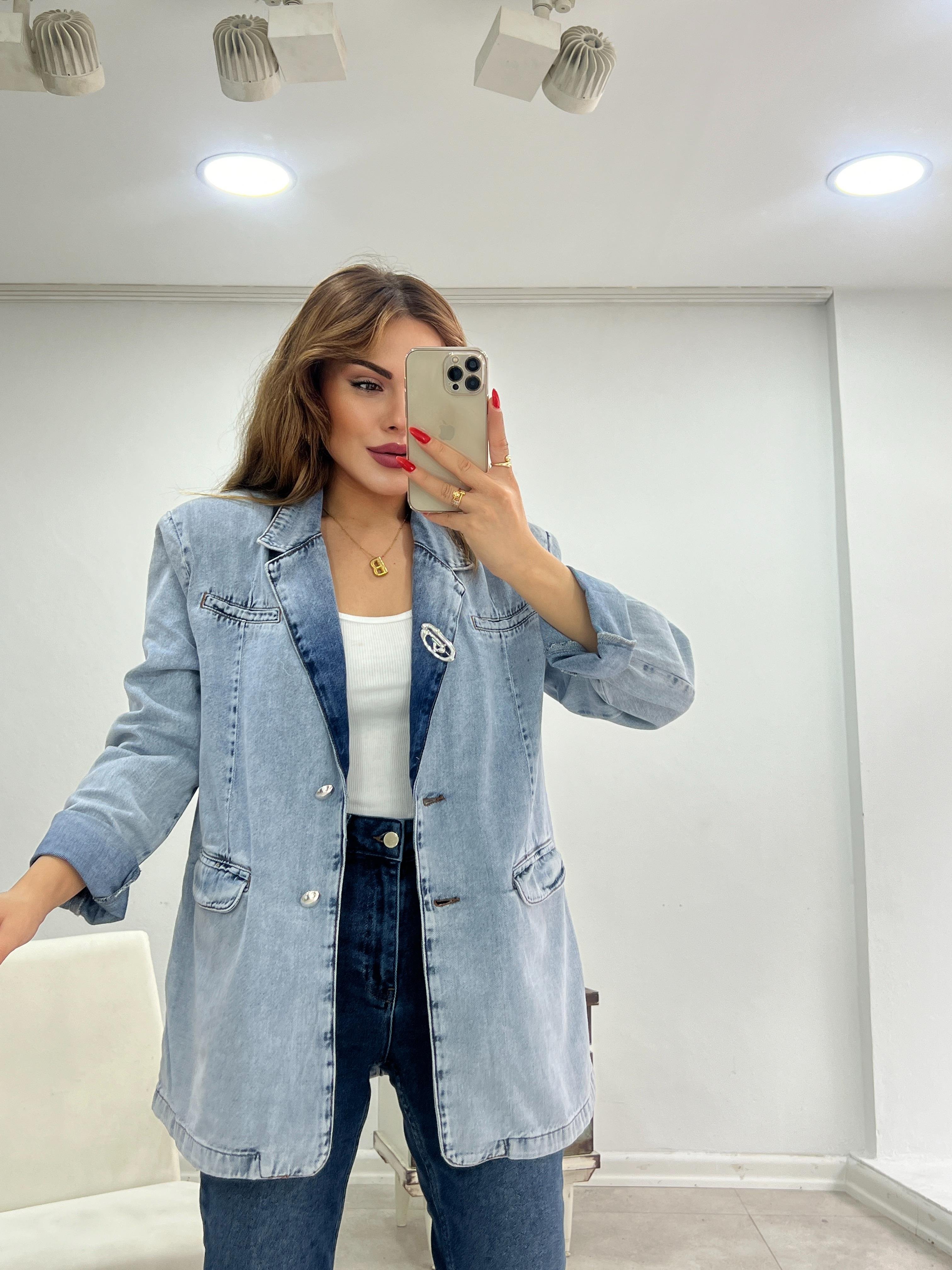 BROŞ DETAYLI BLAZER DENİM CEKET BUZ MAVİ