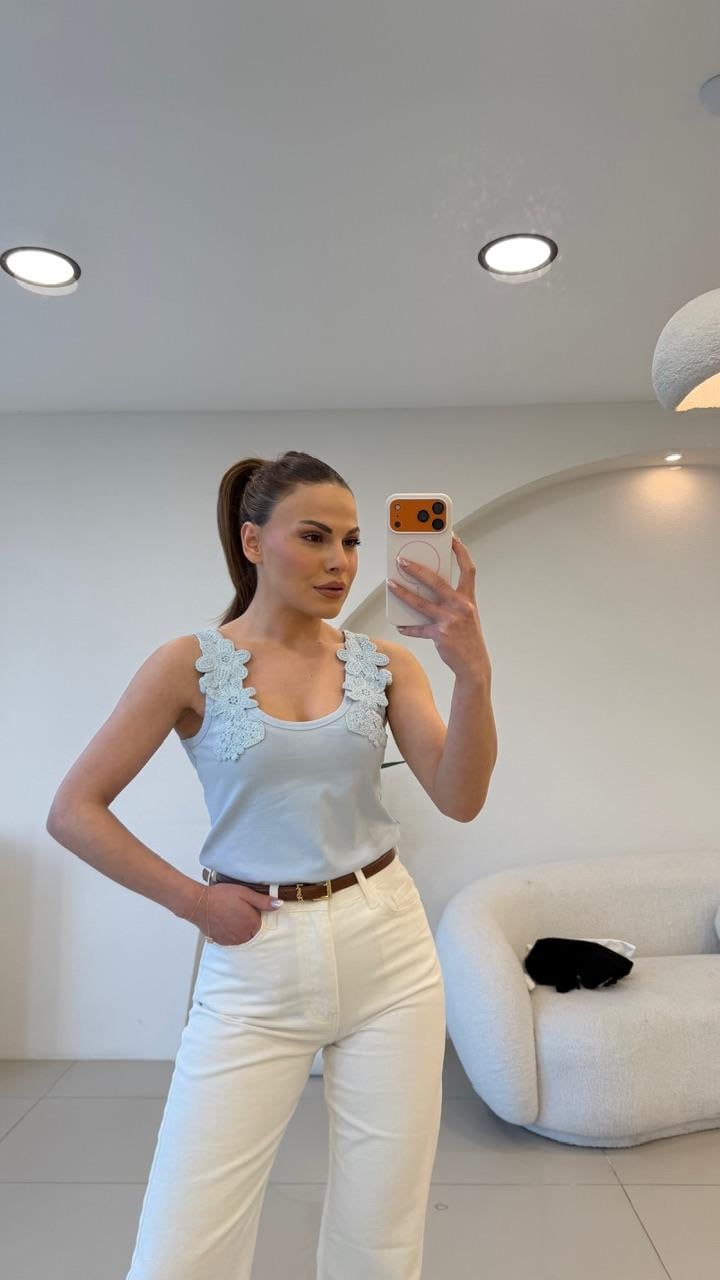 ÇİÇEK İŞLEMELİ ATLET MAVİ