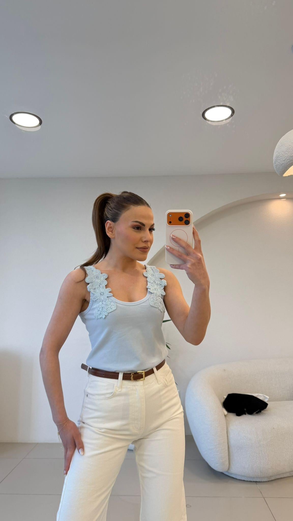 ÇİÇEK İŞLEMELİ ATLET MAVİ