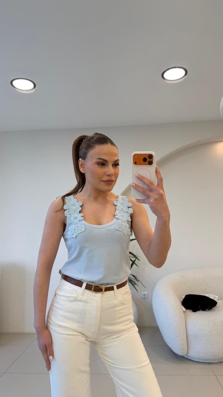 ÇİÇEK İŞLEMELİ ATLET MAVİ