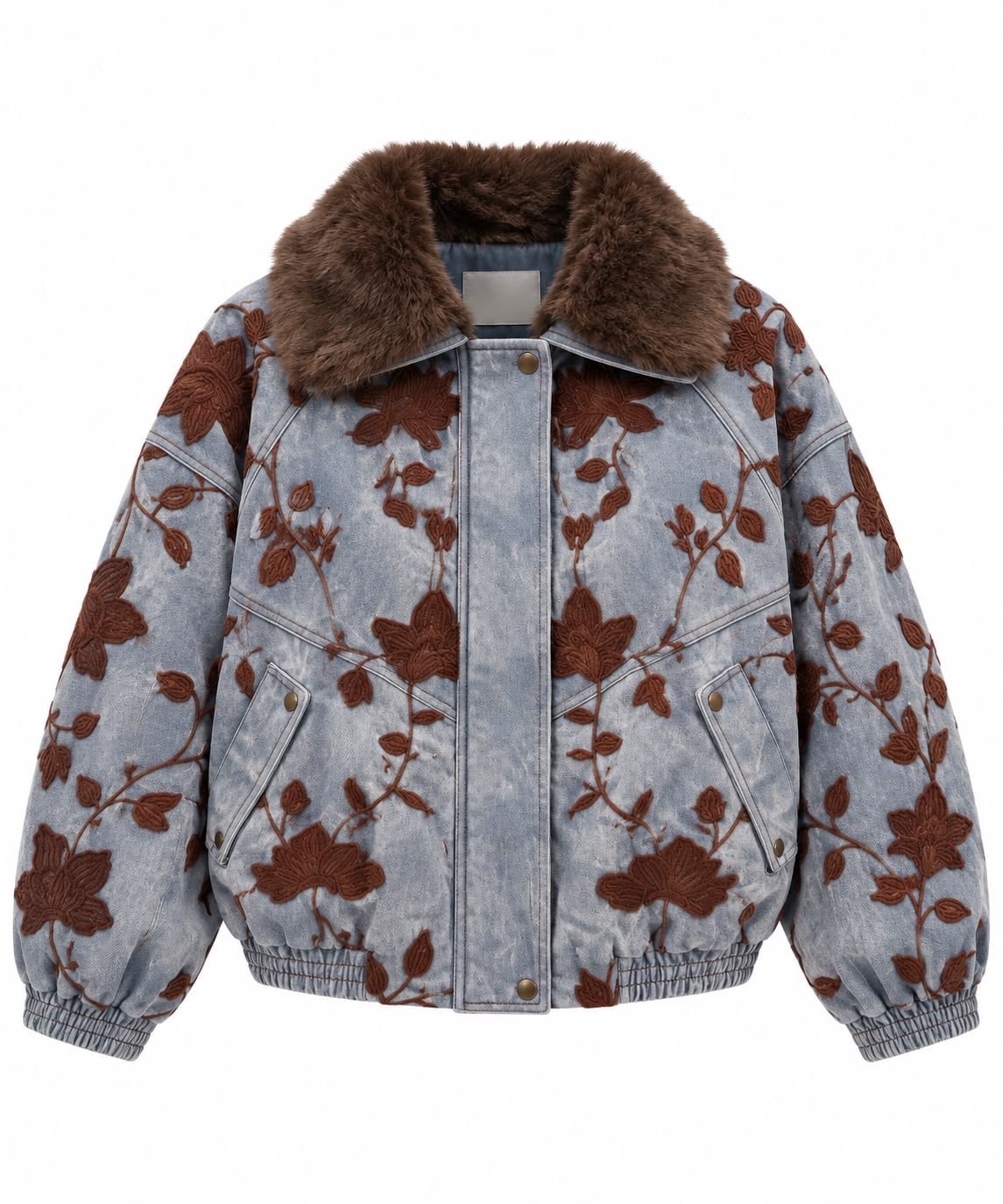 Çiçek İşlemeli Kürk Yakalı Denim Bomber Ceket Mavi