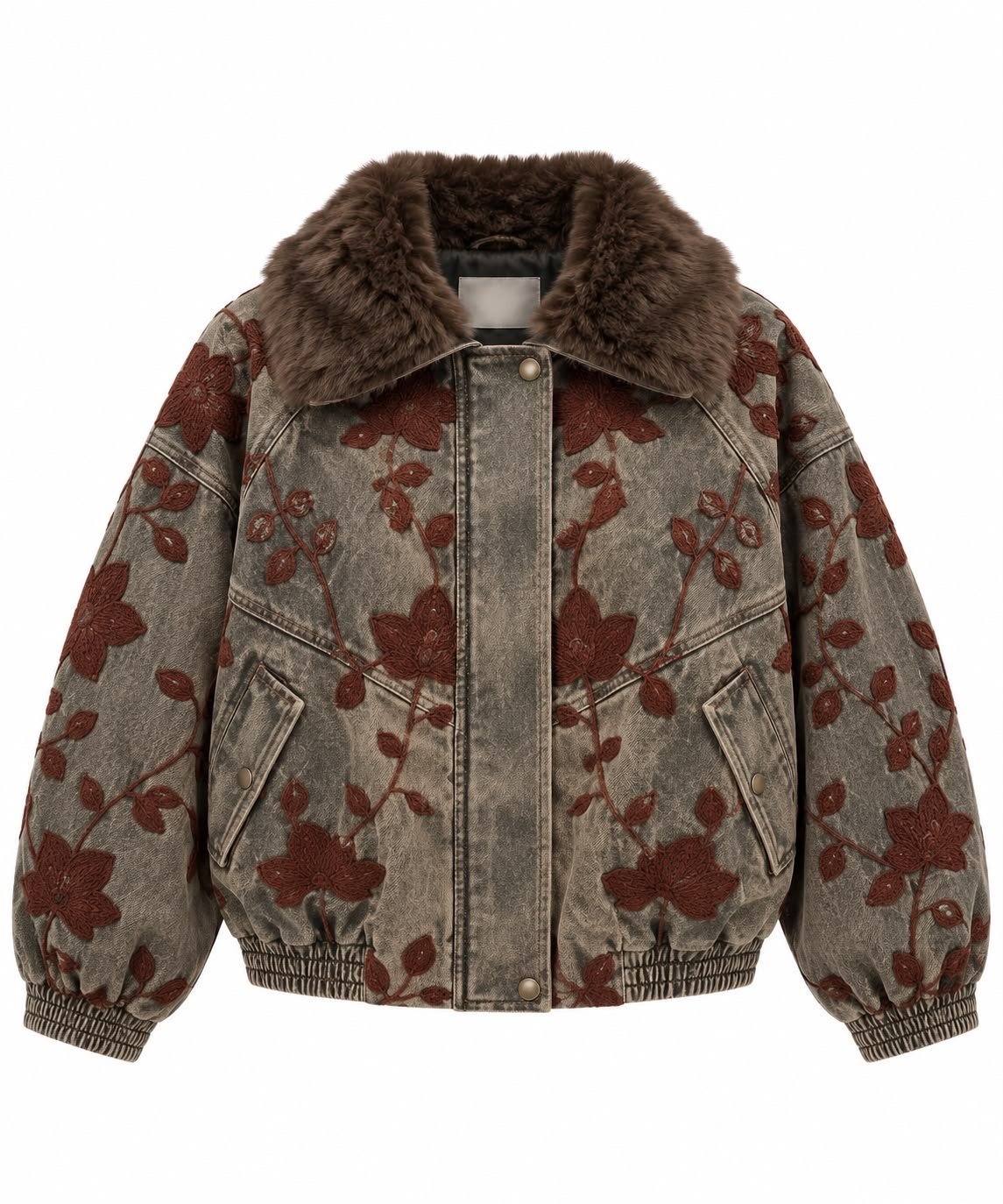 Çiçek İşlemeli Kürk Yakalı Denim Bomber Ceket Gri