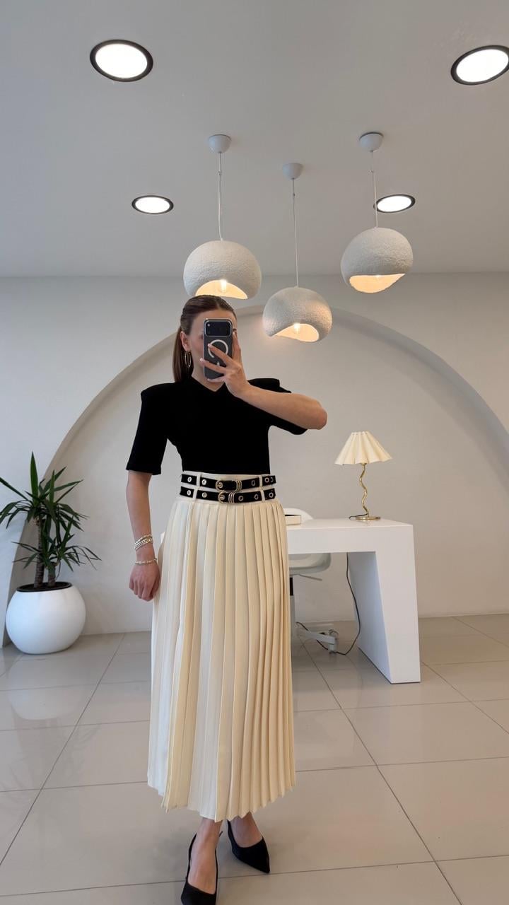 ÇİFT KEMERLİ PREMİUM PİLİSELİ ETEK EKRU