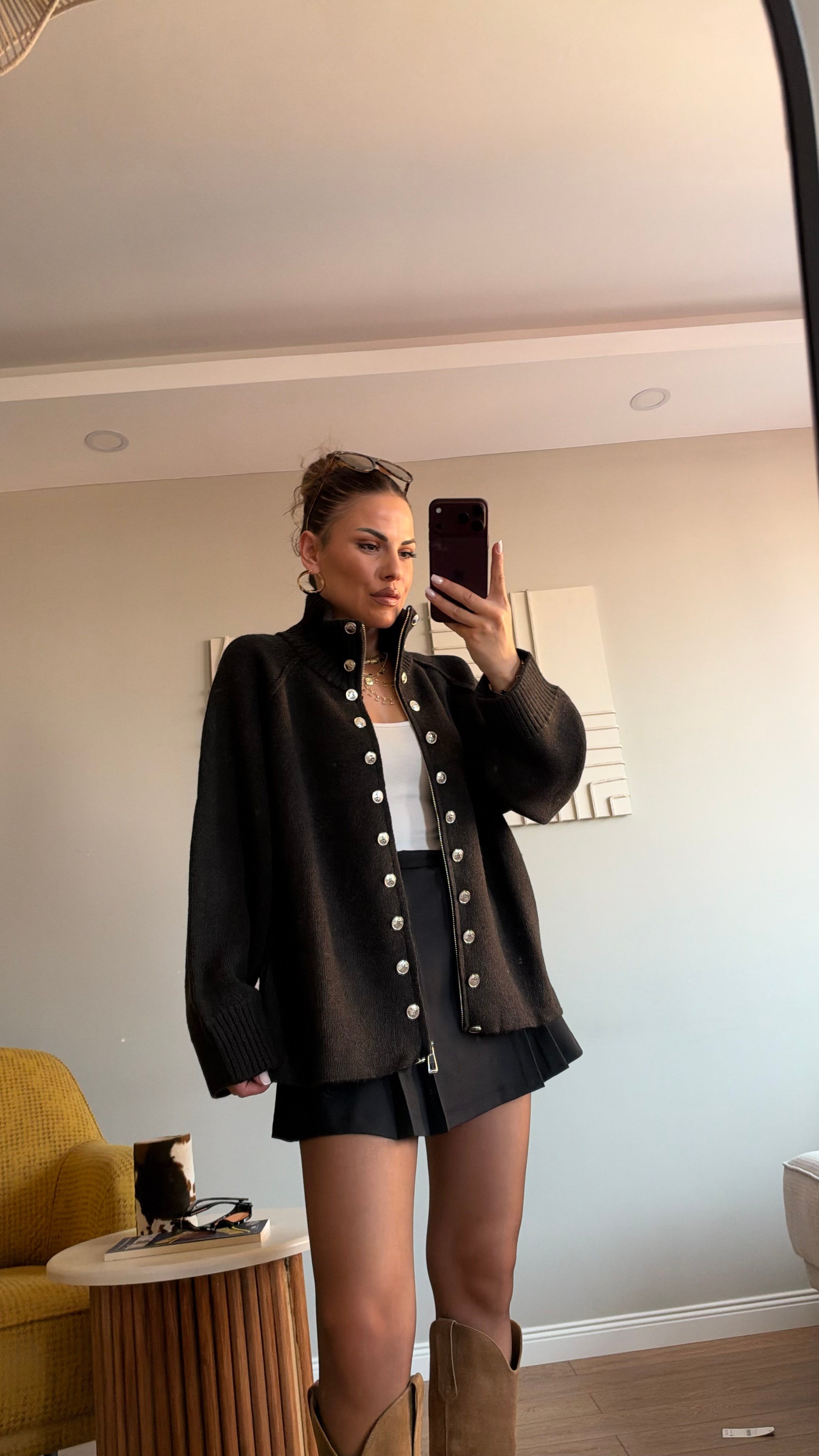 Çift Sıra Metal Düğmeli Dik yaka Fermuarlı Hırka Kahve
