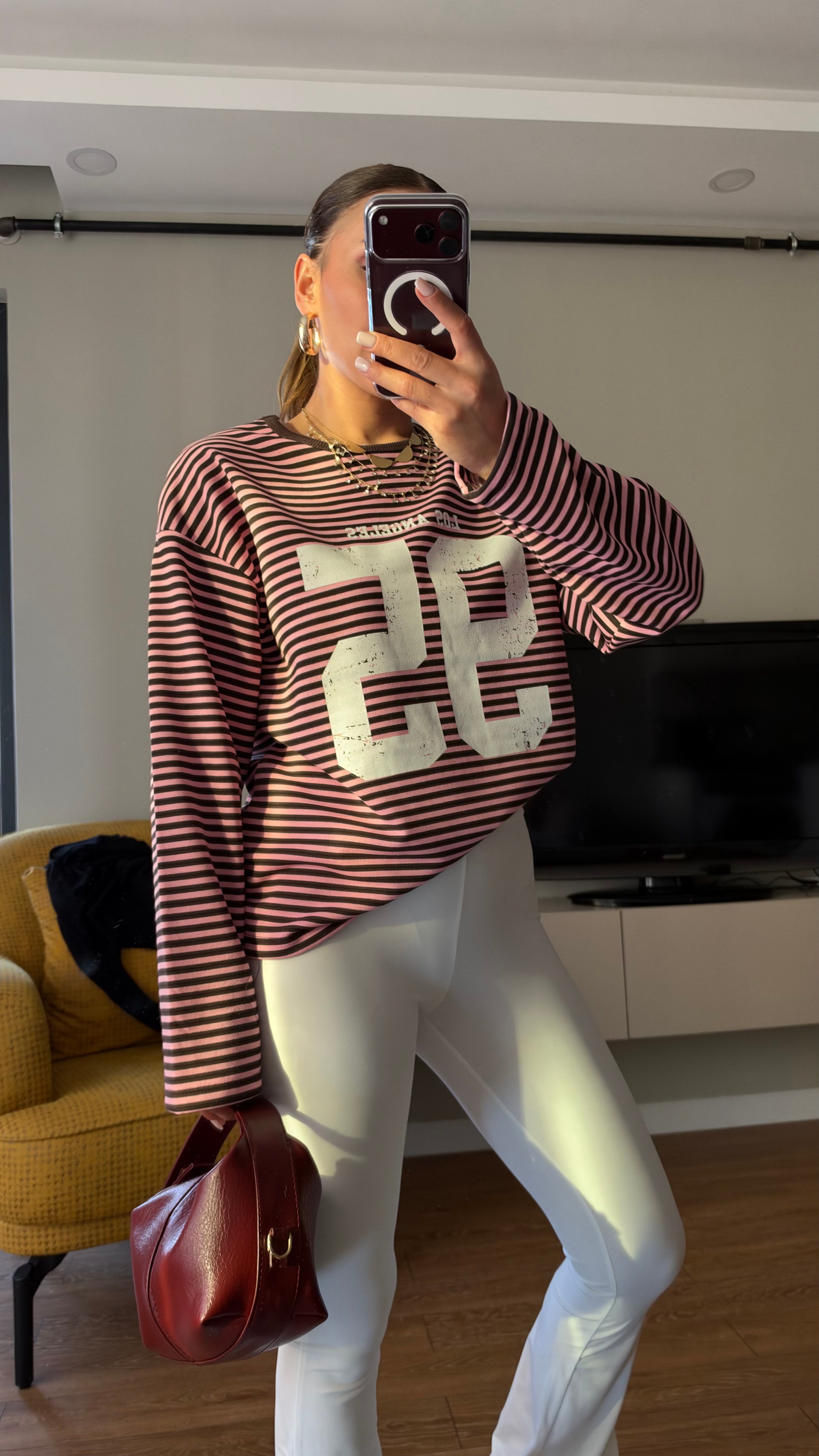 Çizgili Basic  Sweat 95 Pembe