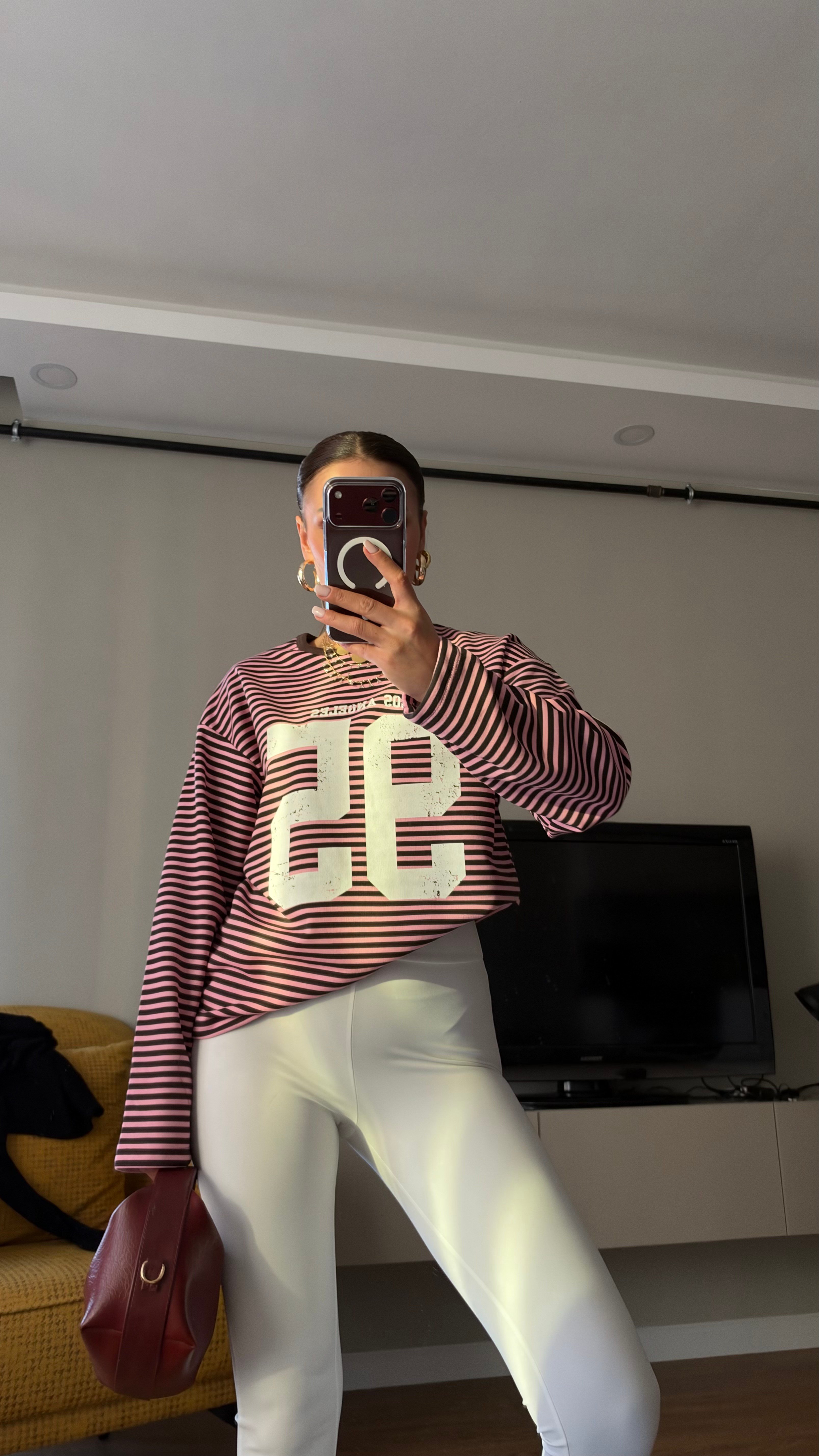 Çizgili Basic  Sweat 95 Pembe