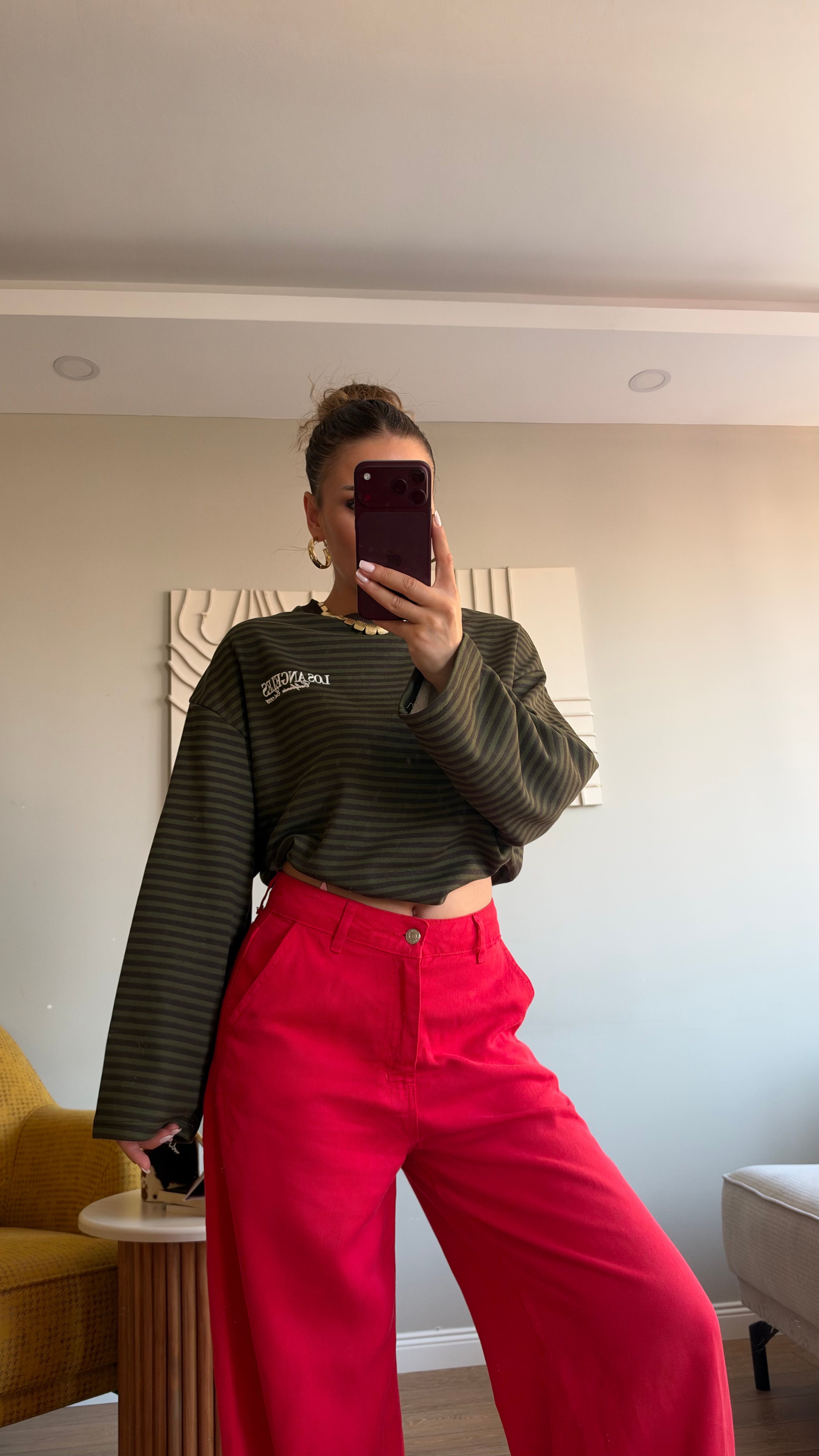 Çizgili Basic  Sweat Los 75 Kahve