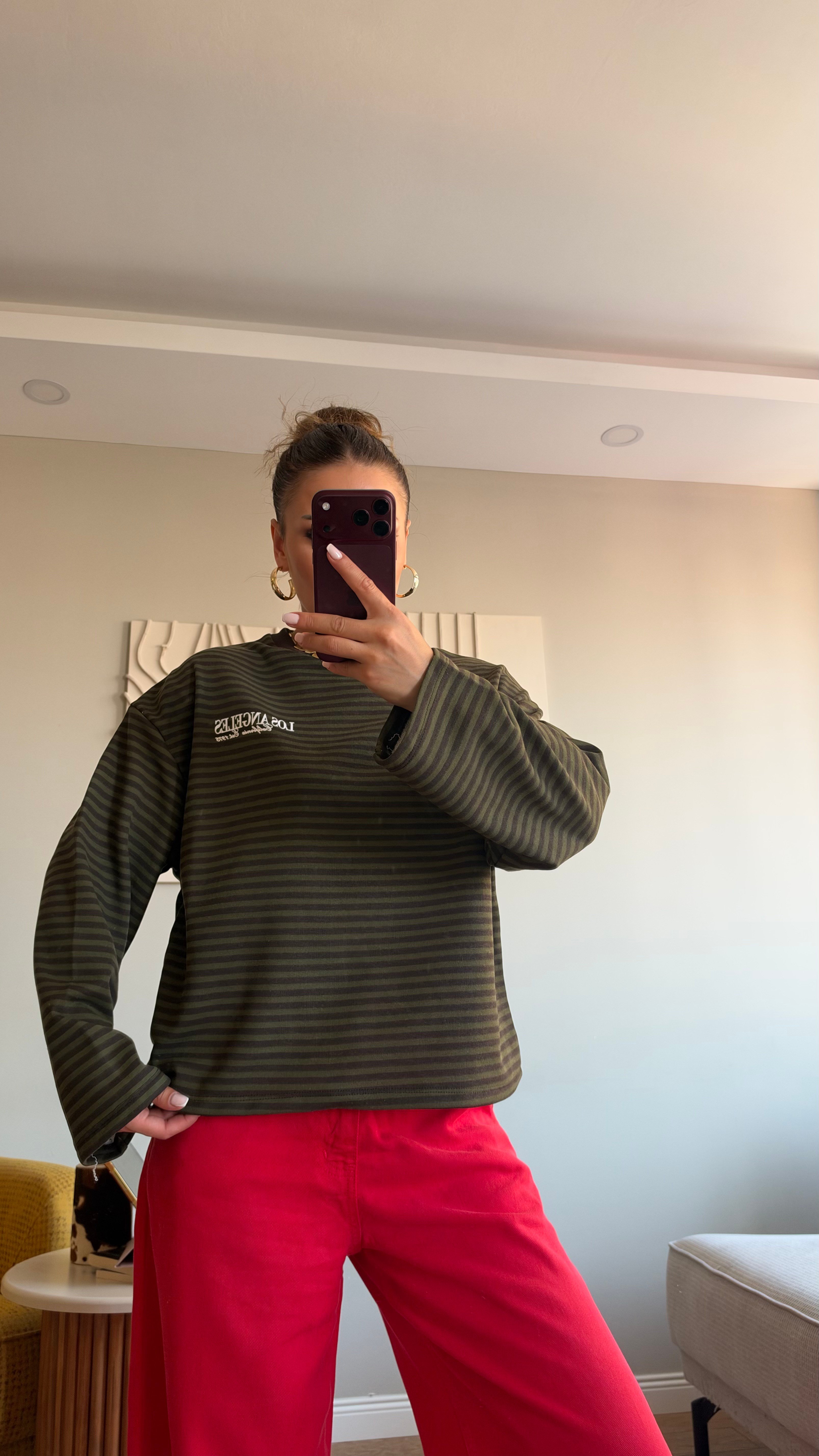 Çizgili Basic  Sweat Los 75 Kahve