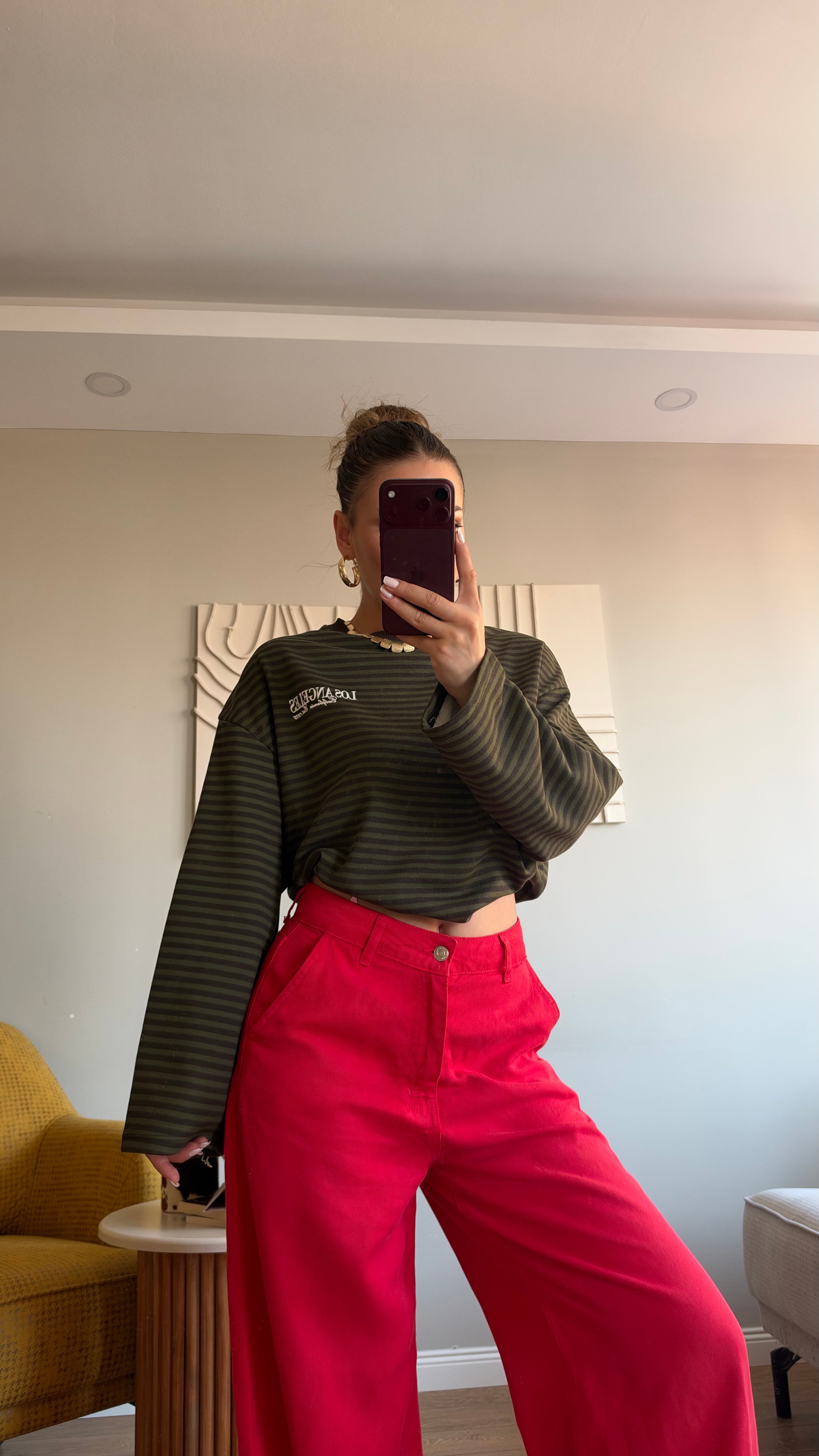 Çizgili Basic  Sweat Los 75 Kahve