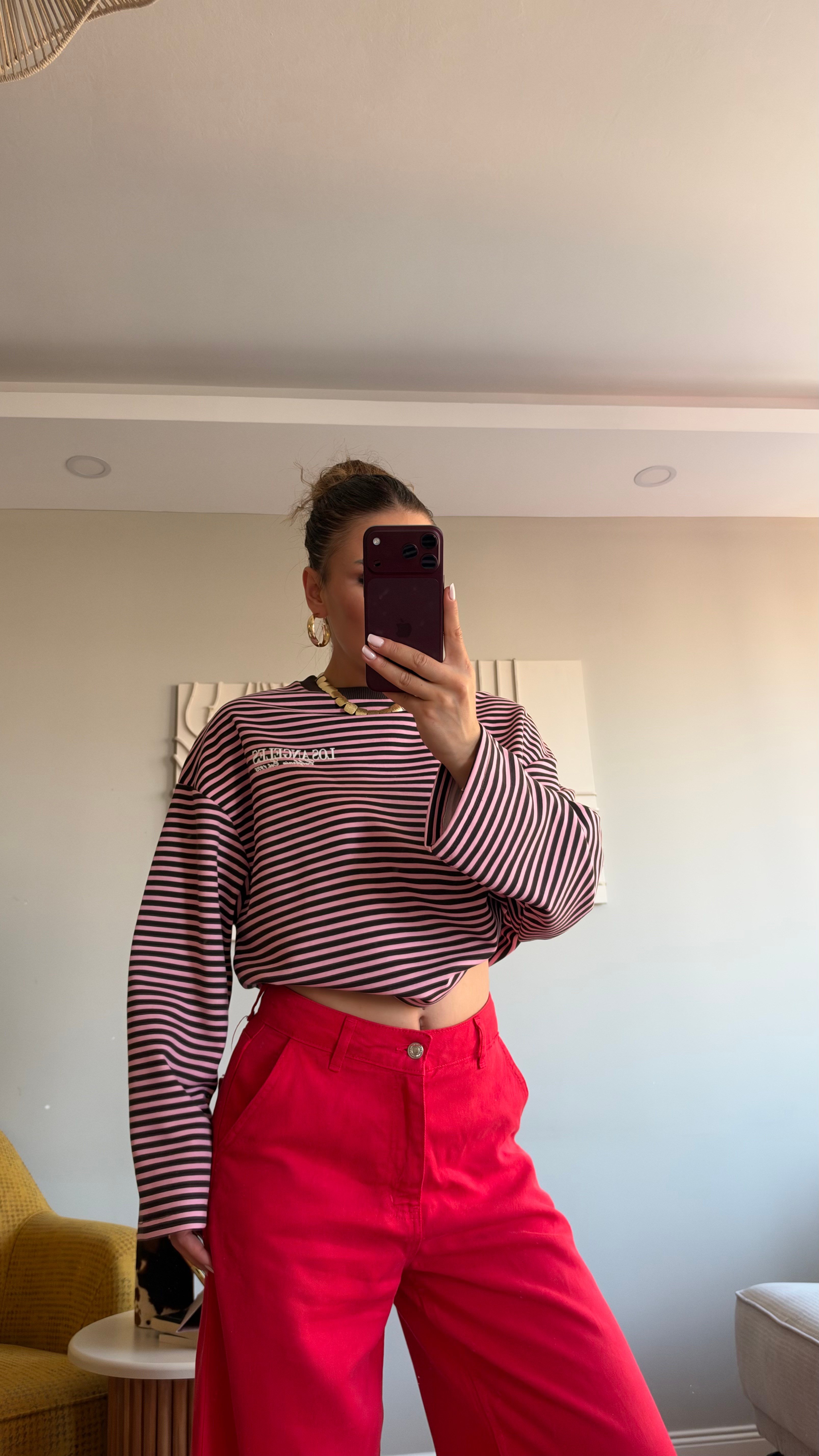 Çizgili Basic  Sweat Los 75 Pembe