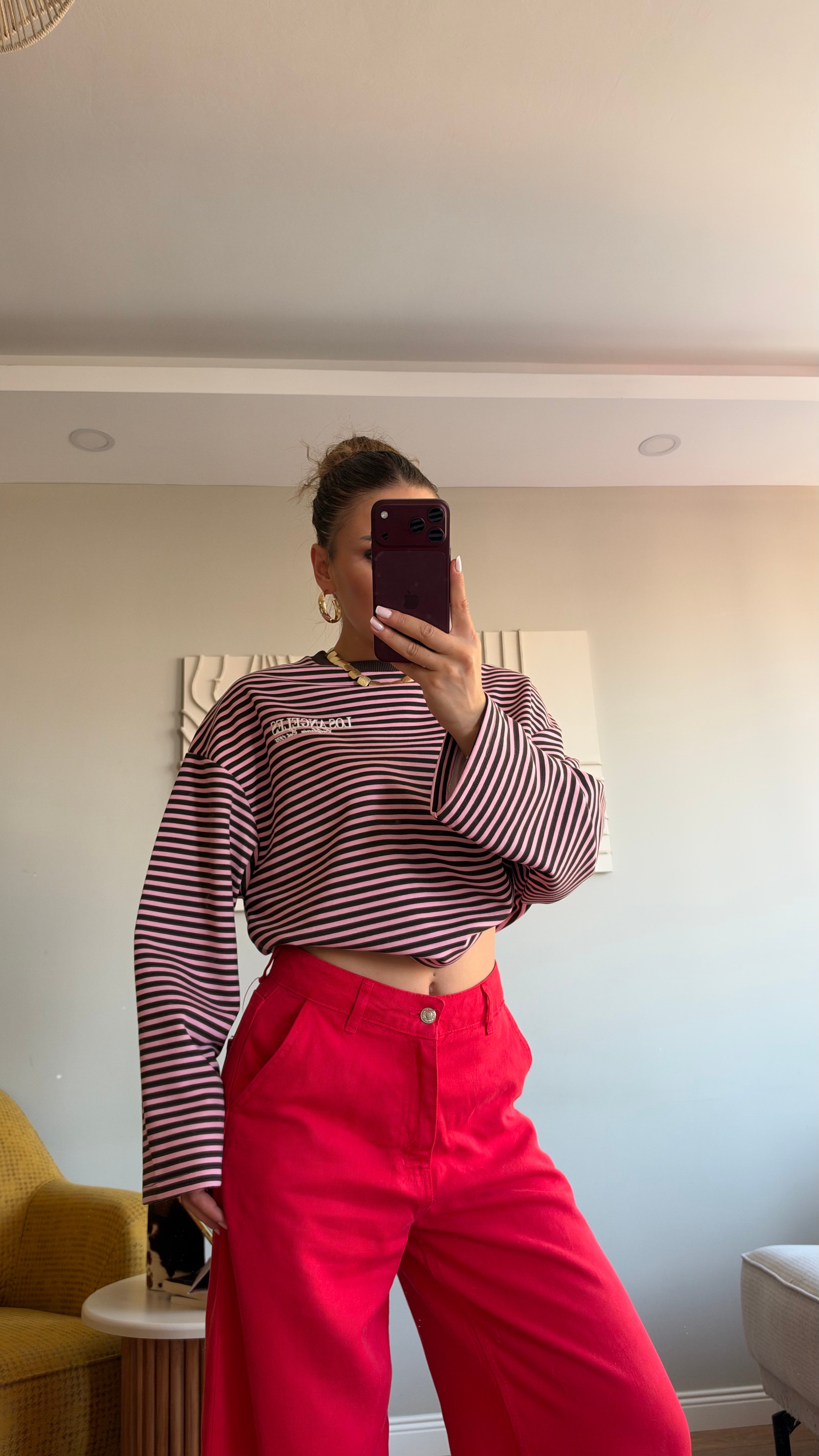 Çizgili Basic  Sweat Los 75 Pembe