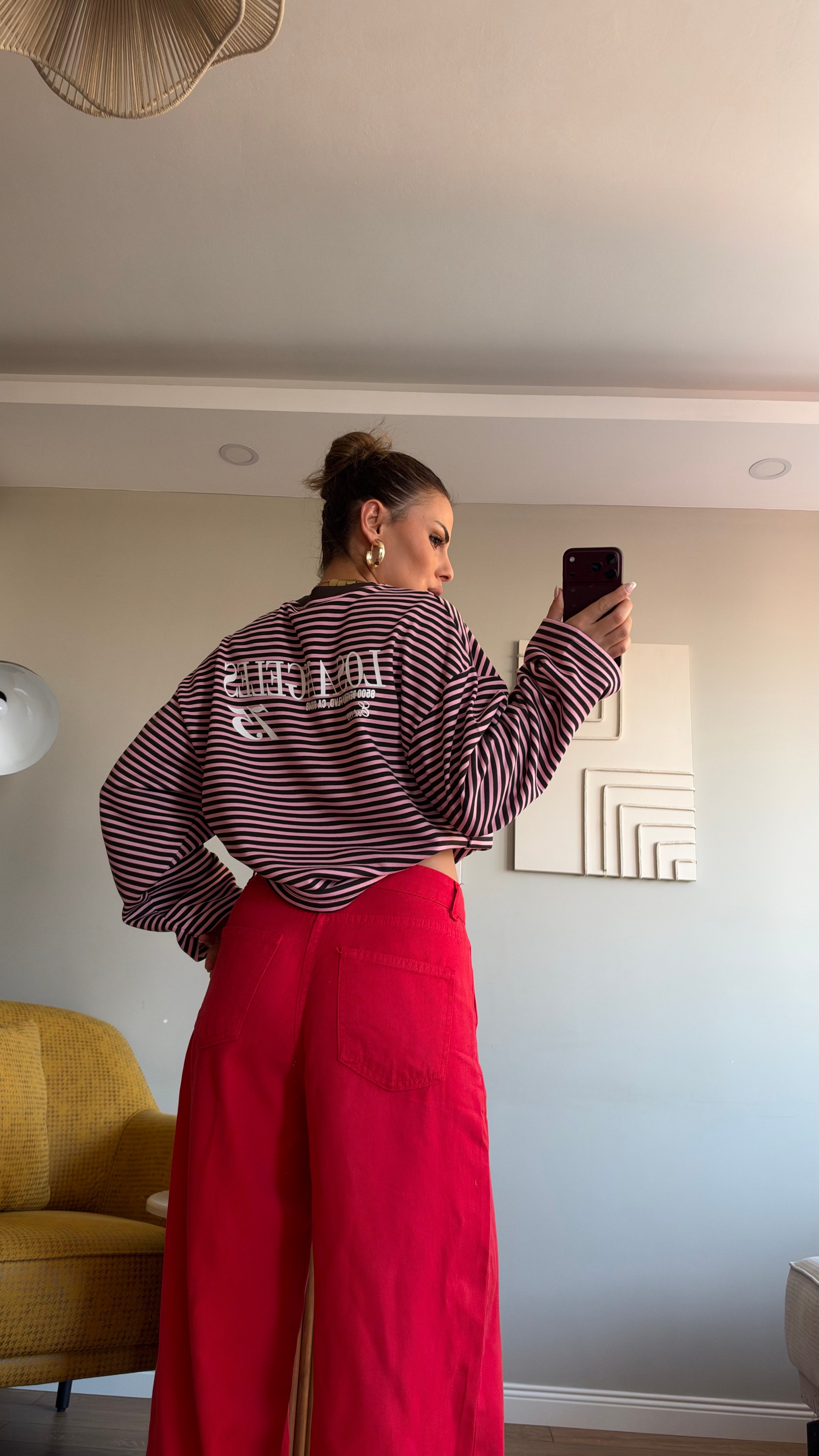 Çizgili Basic  Sweat Los 75 Pembe